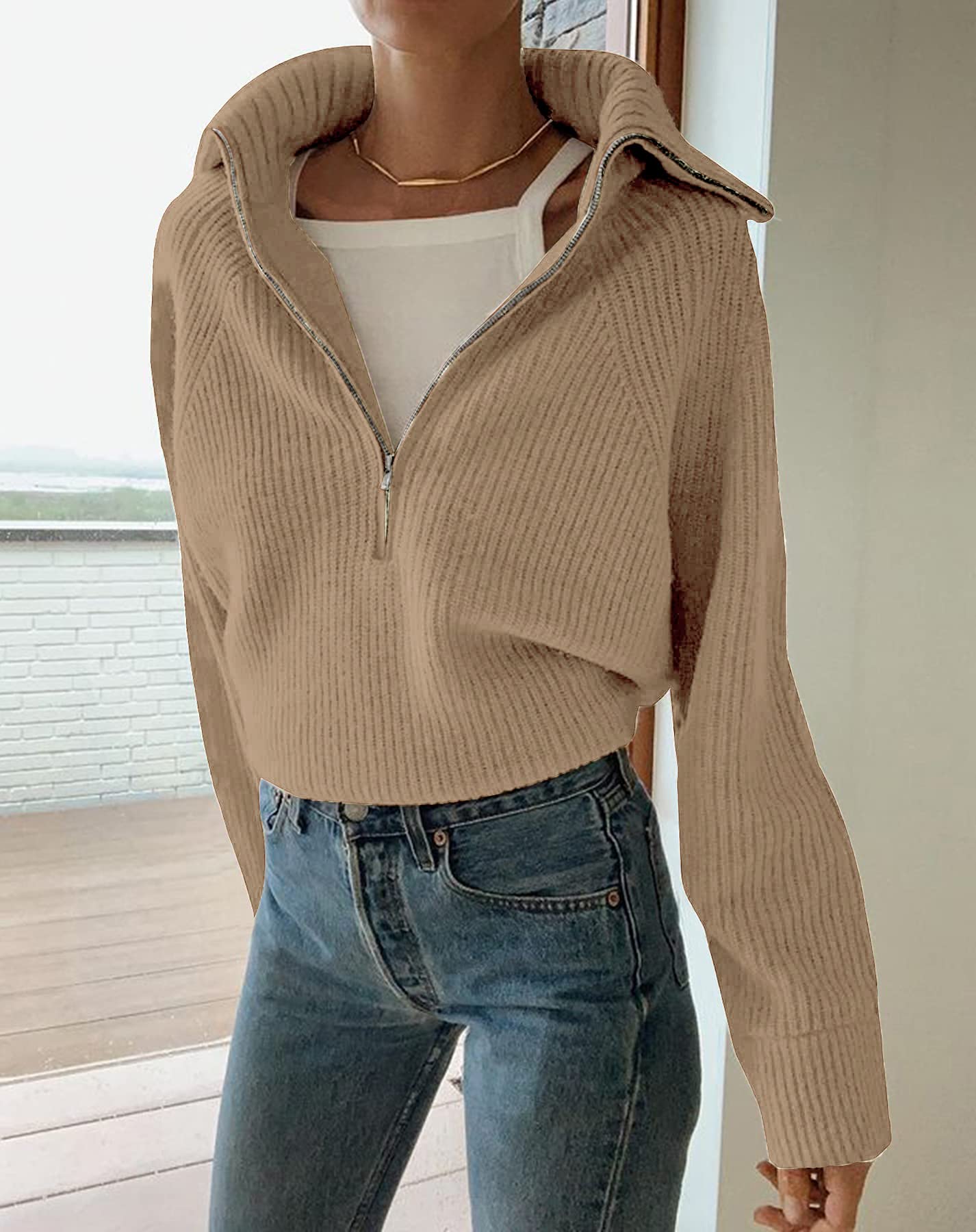 FreshPretty Womens Sweaters Quarter Zip Pullover V Neck Collar Long Sleeve Ribbed Knit Loose Casual Winter Fall Sweater