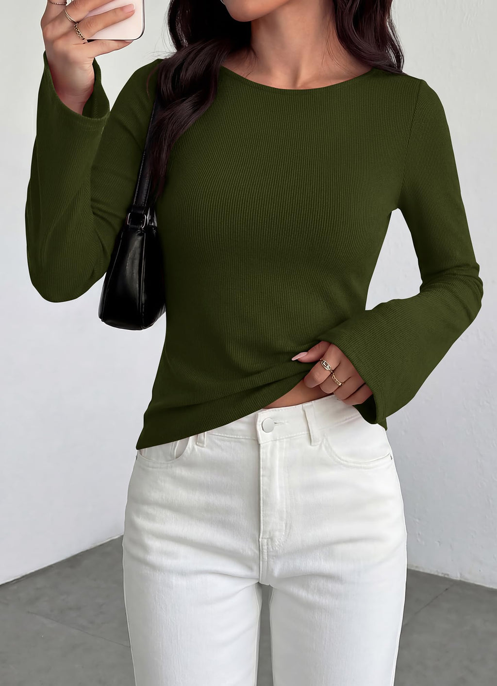 BTFBM Long Sleeve Shirts for Women Spring Y2K Clothes Casual Boat Neck Bell Sleeve Fitted Fall Going Out Tops