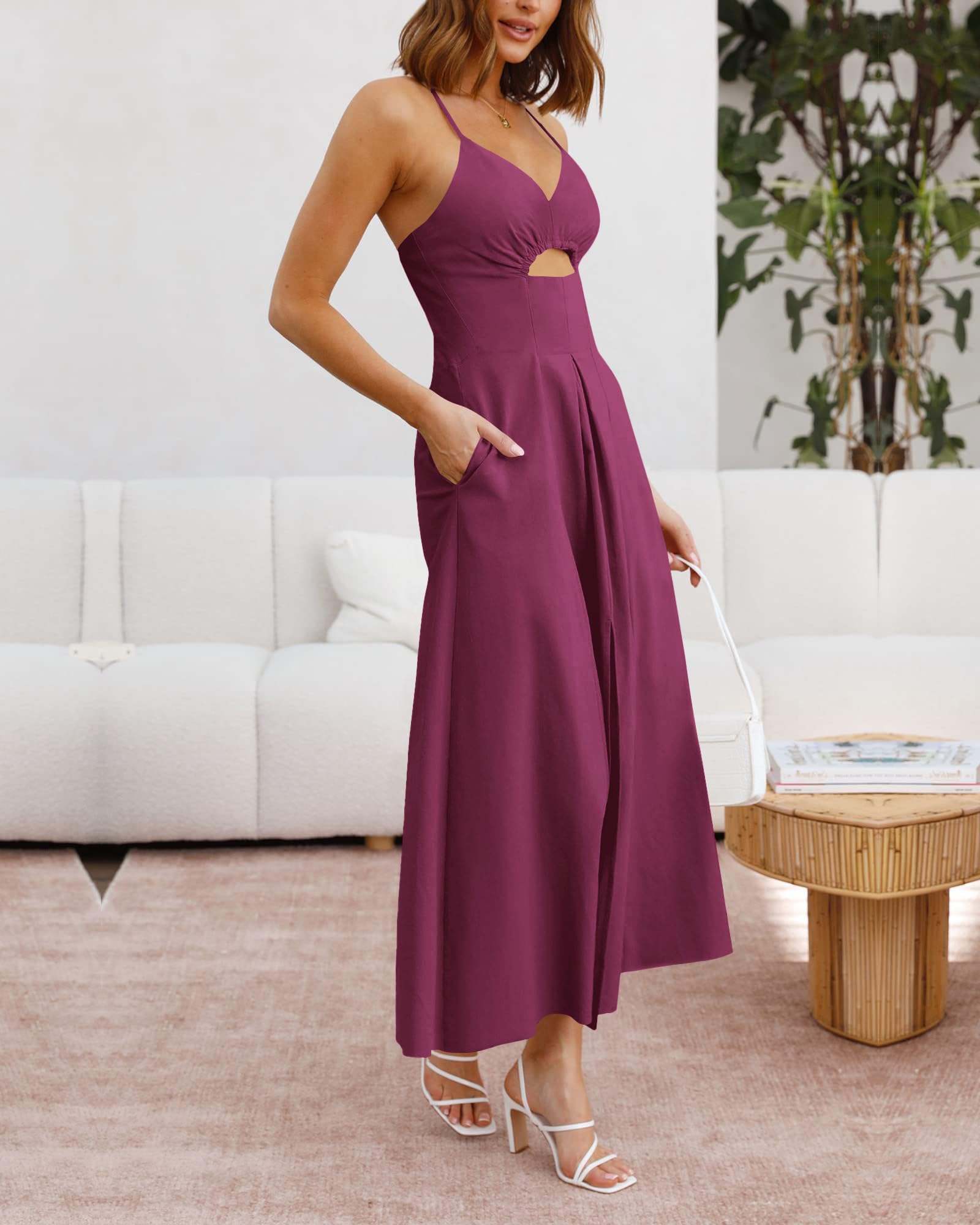 BTFBM Women Spaghetti Strap Midi Summer Dresses Sleeveless V Neck Cutout Slit Casual Beach Party Maxi Dress Pockets