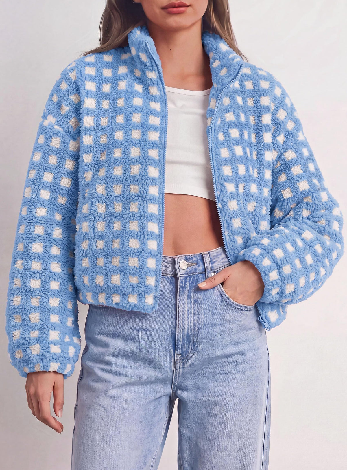 PRETTYGARDEN Women's Gingham Sherpa Fleece Jacket Plaid Cropped Teddy Coat Trendy Y2K Winter Jacket, Zip Up Stand Collar, Side Pockets, Fall Outfit for Casual Daily, Going Out, Streetwear, Outdoor