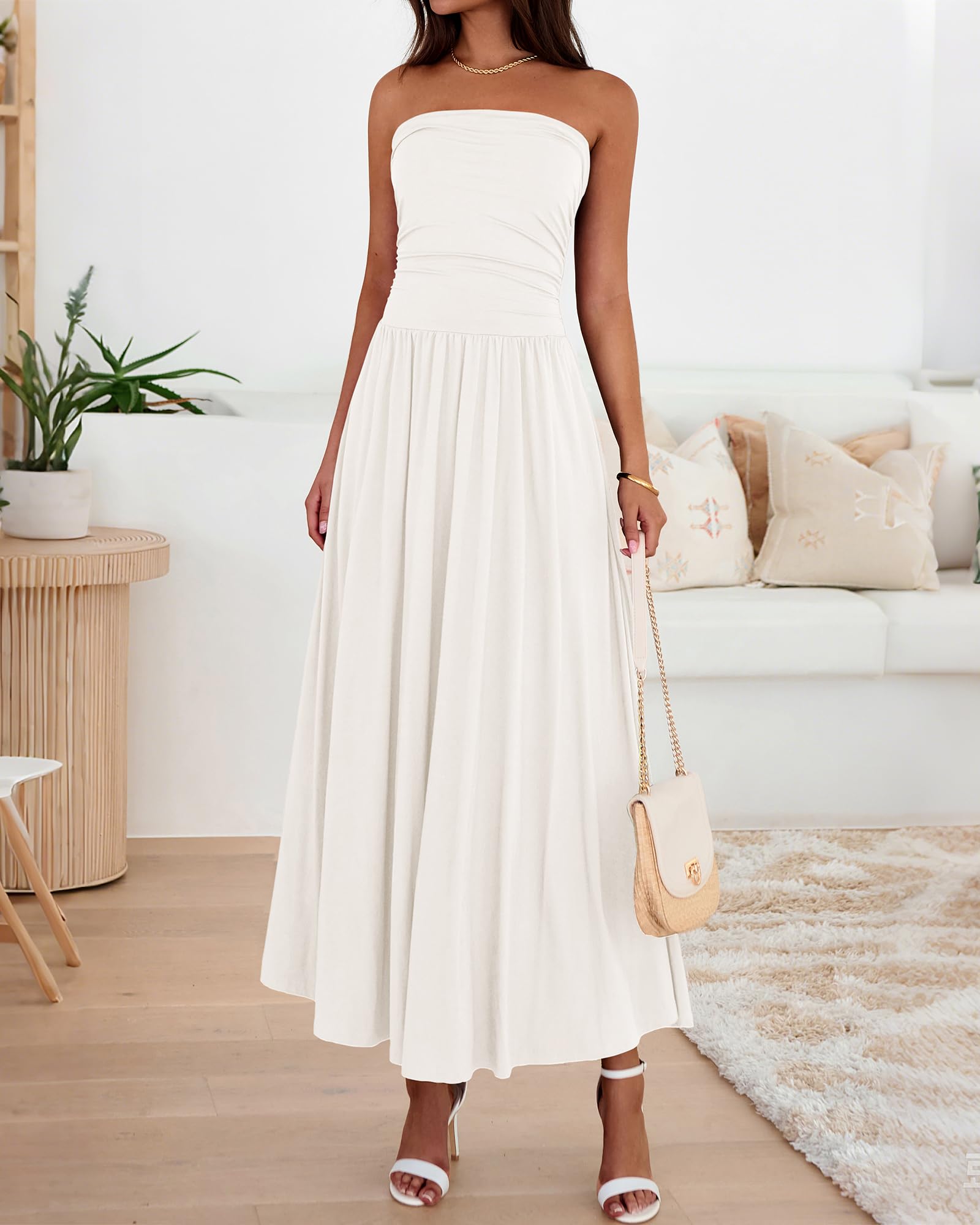 BTFBM Summer Maxi Dresses for Women Strapless Ruched Tube Top Beach Vacation Spring Wedding Guest Dress Pockets