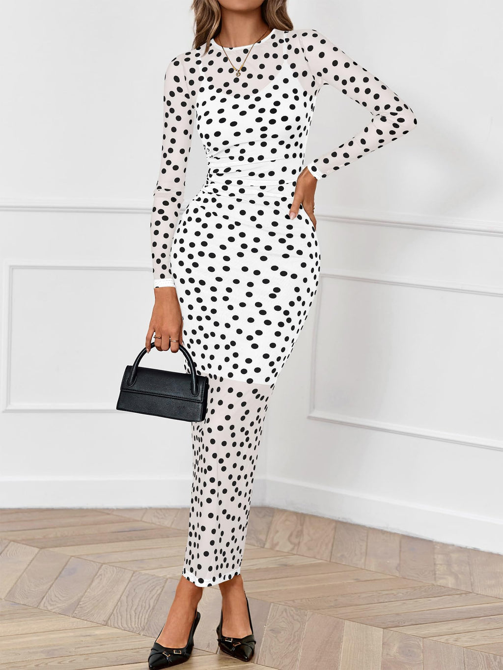BTFBM Spring Dresses for Women 2 Piece Set Long Sleeve Polka Dot Sexy Bodycon Mesh Dress and Slip Dress Wedding