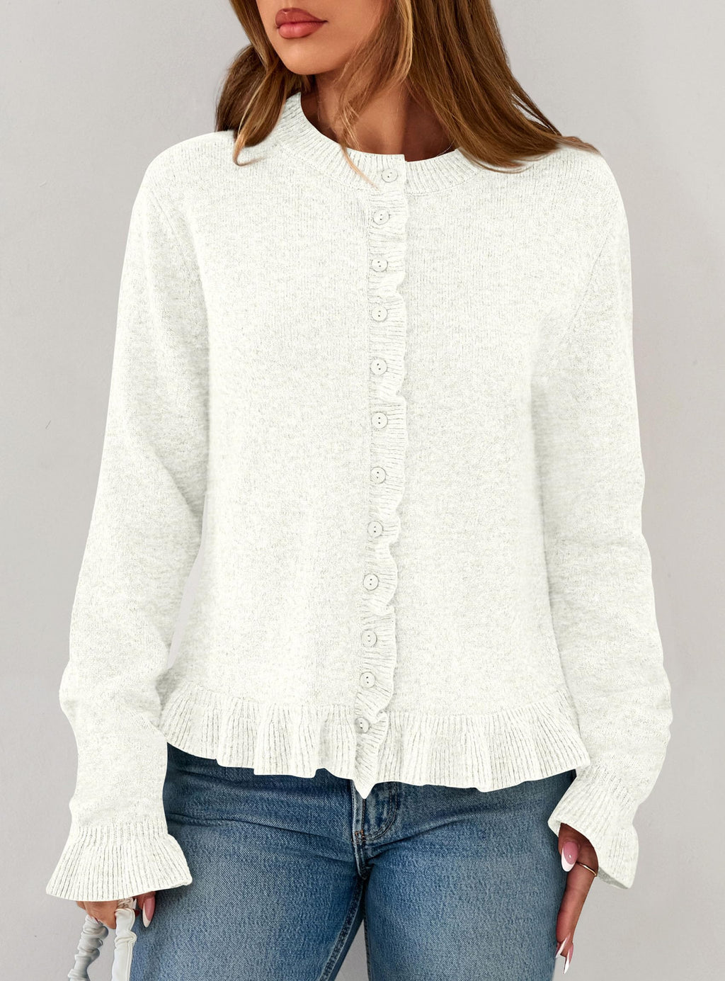 PRETTYGARDEN Womens Fall Button Down Cardigans Chunky Knit Ruffle Open Front Cropped Cardigan Sweaters Soft Long Sleeve Tops