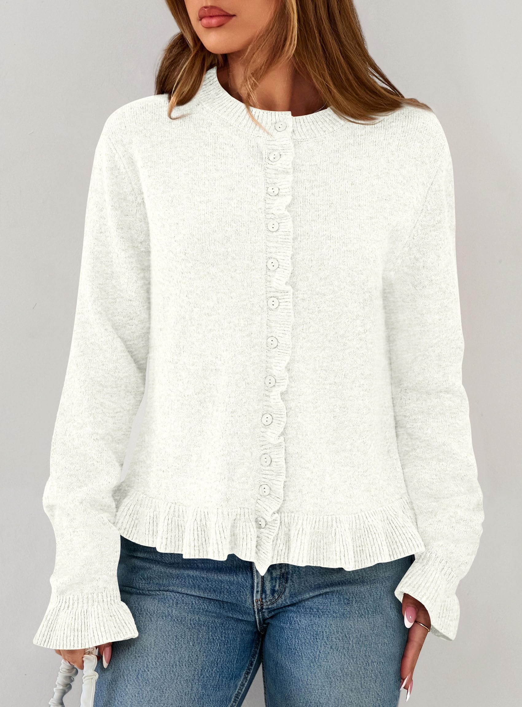 PRETTYGARDEN Womens Fall Button Down Cardigans Chunky Knit Ruffle Open Front Cropped Cardigan Sweaters Soft Long Sleeve Tops