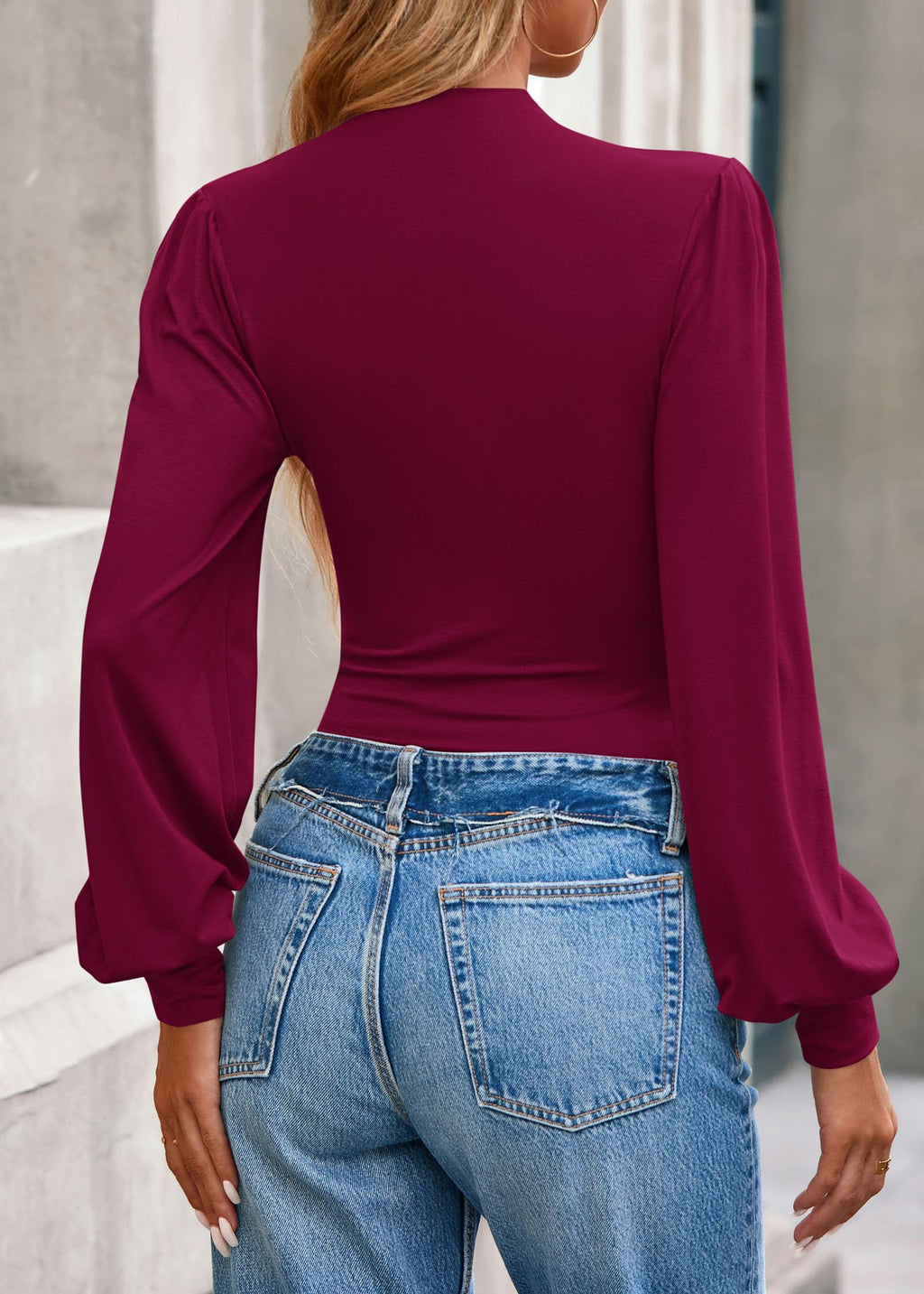 FreshPretty Blouses for Women Dressy Casual Spring Tops Fall Puff Long Sleeve Shirts Fitted Mock Neck Ruched Trendy Tops