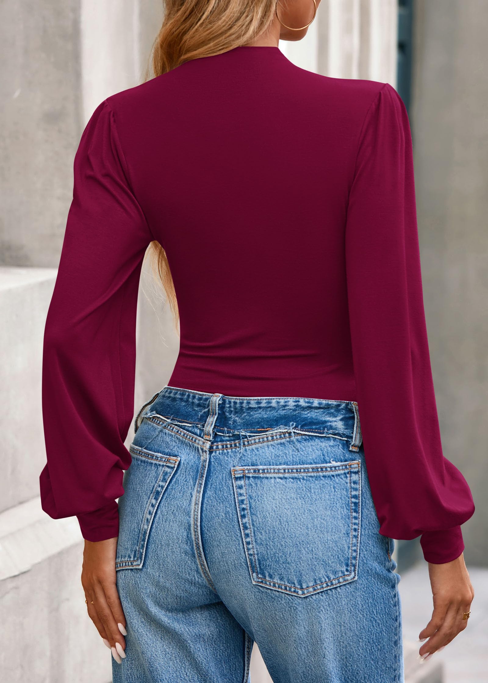 FreshPretty Blouses for Women Dressy Casual Spring Tops Fall Puff Long Sleeve Shirts Fitted Mock Neck Ruched Trendy Tops