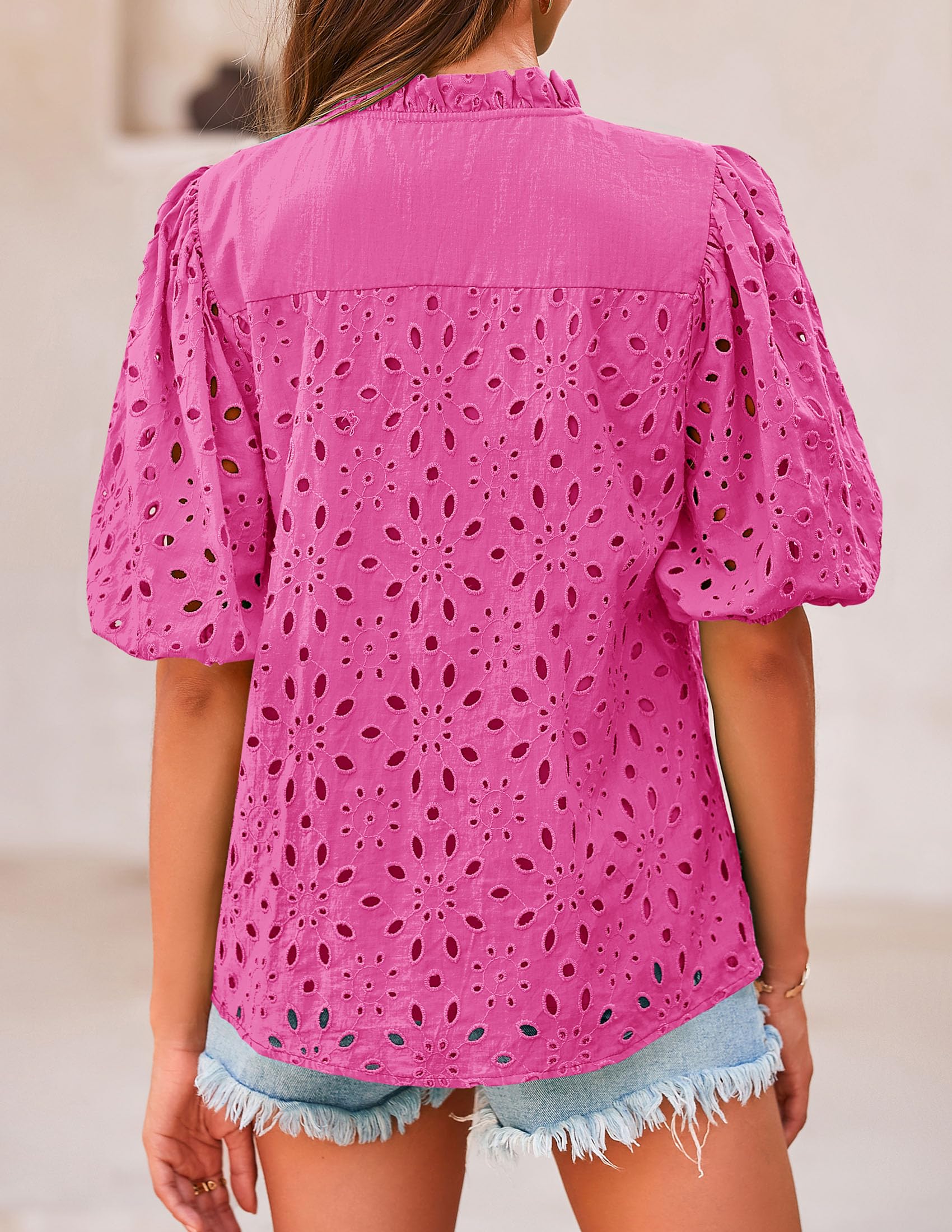PRETTYGARDEN Women's Summer Tops Dressy Casual Short Sleeve V Neck Buttons Hollow Out Lace Embroidered Blouses Shirts