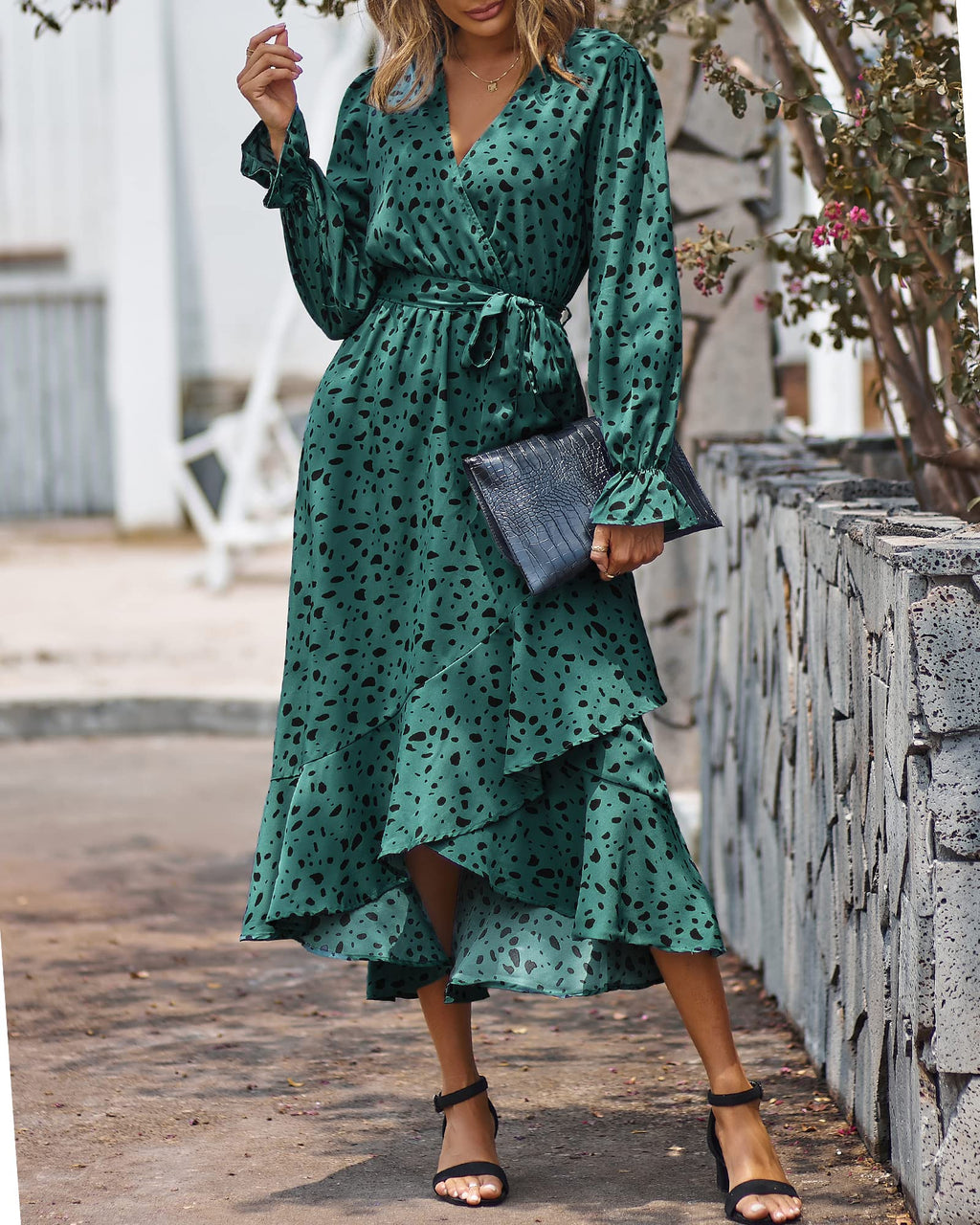 BTFBM Womens Dresses Summer V Neck Floral High Waist Ruffle Wedding Guest Cocktail Boho Spring Long Sleeve Dress