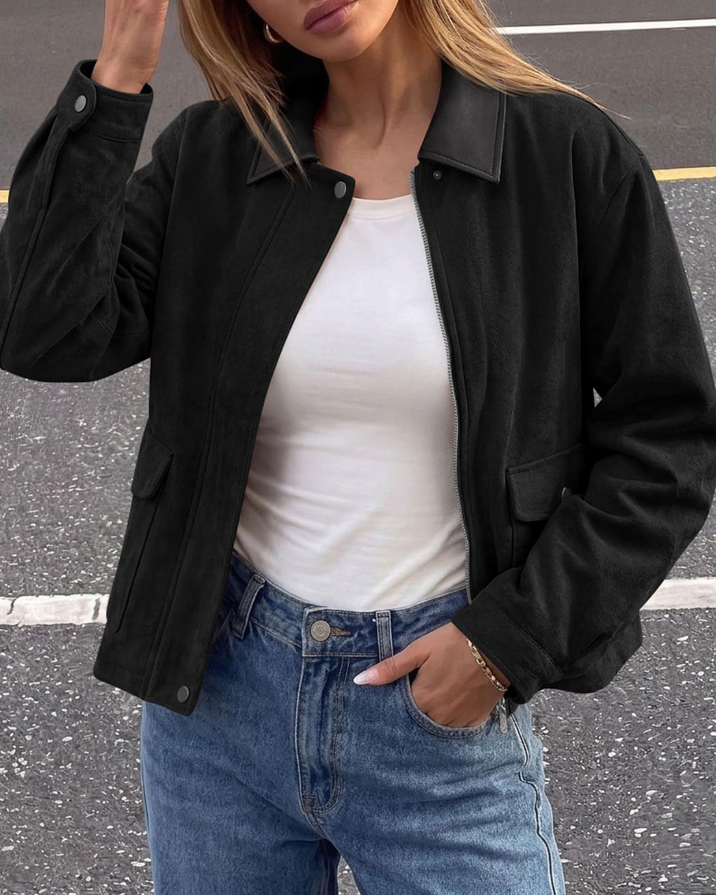 BTFBM Faux Suede Jacket Women Leather Lapel Zip Up Fall Outfits Button Down Long Sleeve Outerwear With Flap Pockets, Early Winter Coats, Motorcycle Jackets, Western Country Concert Outfits