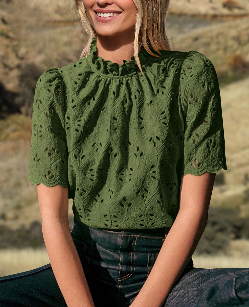 PRETTYGARDEN Womens Summer Tops Trendy Short Sleeve Eyelet Embroidered Dressy Casual Blouse Shirts