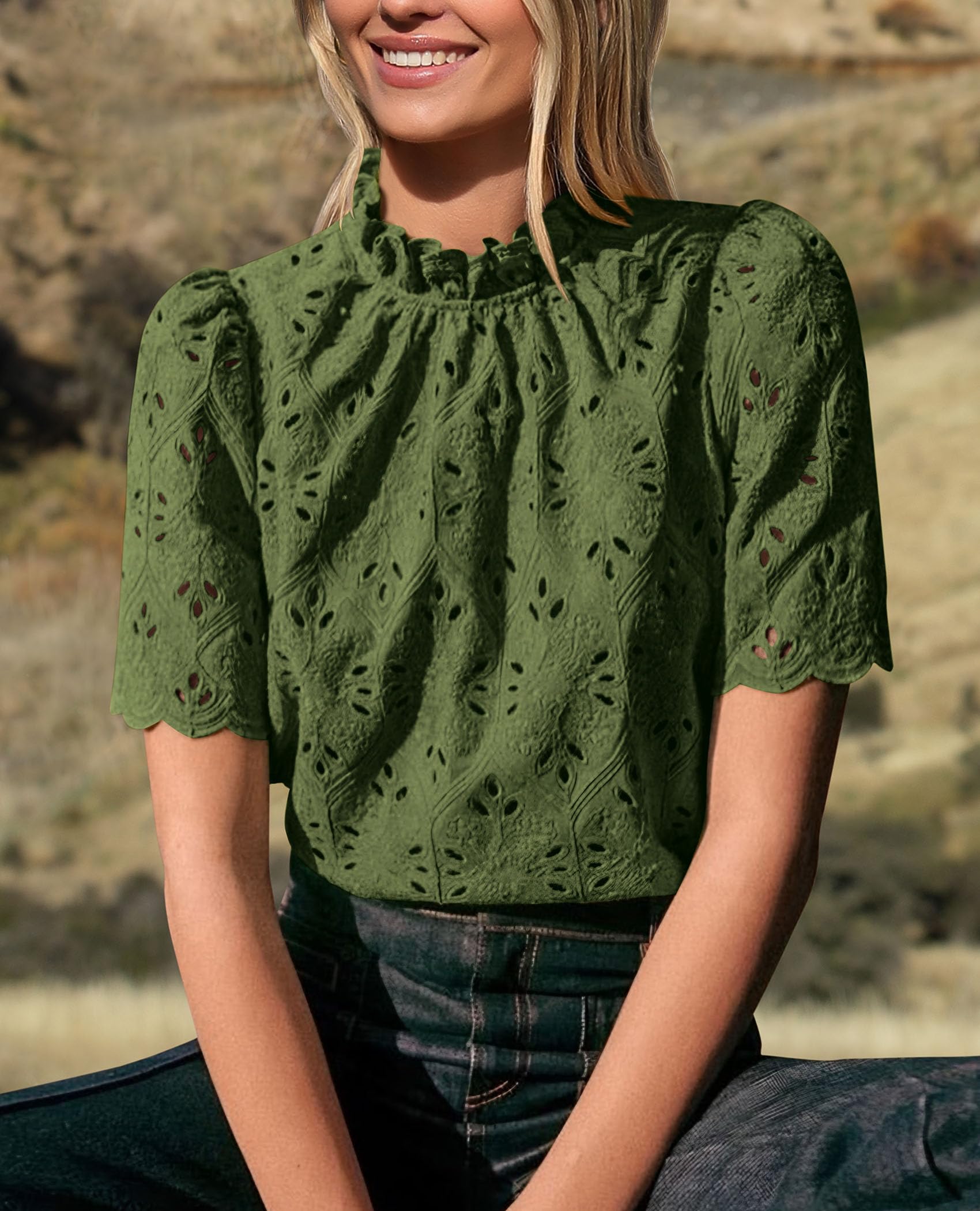 PRETTYGARDEN Womens Summer Tops Trendy Short Sleeve Eyelet Embroidered Dressy Casual Blouse Shirts