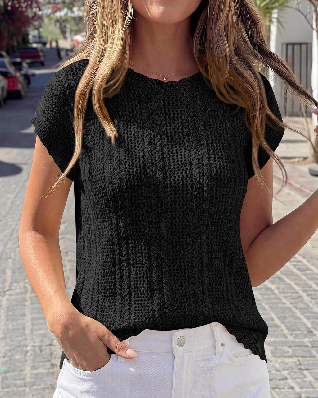 FreshPretty Sweater Vest Women Crochet Top Cap Short Sleeve Sweater Spring Summer Cable Knit Pullover Beach Vacation Outfits