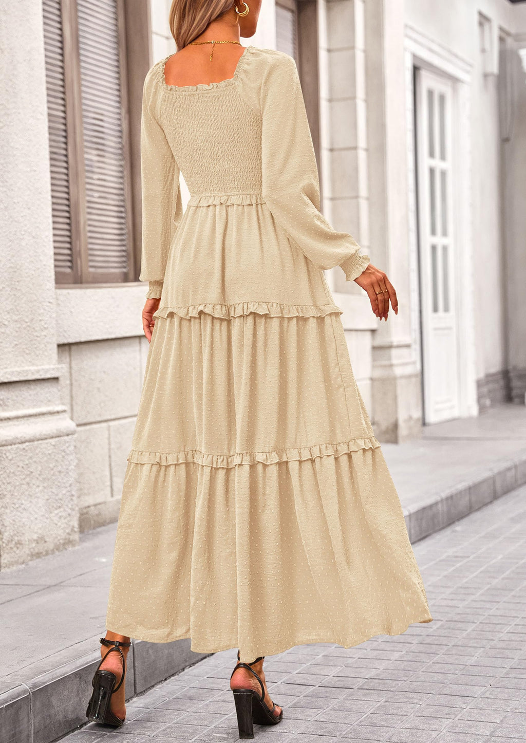 PRETTYGARDEN Fall Dresses for Women Long Sleeve Smocked Square Neck Swiss Dot Tiered Flowy Wedding Guest Maxi Dress