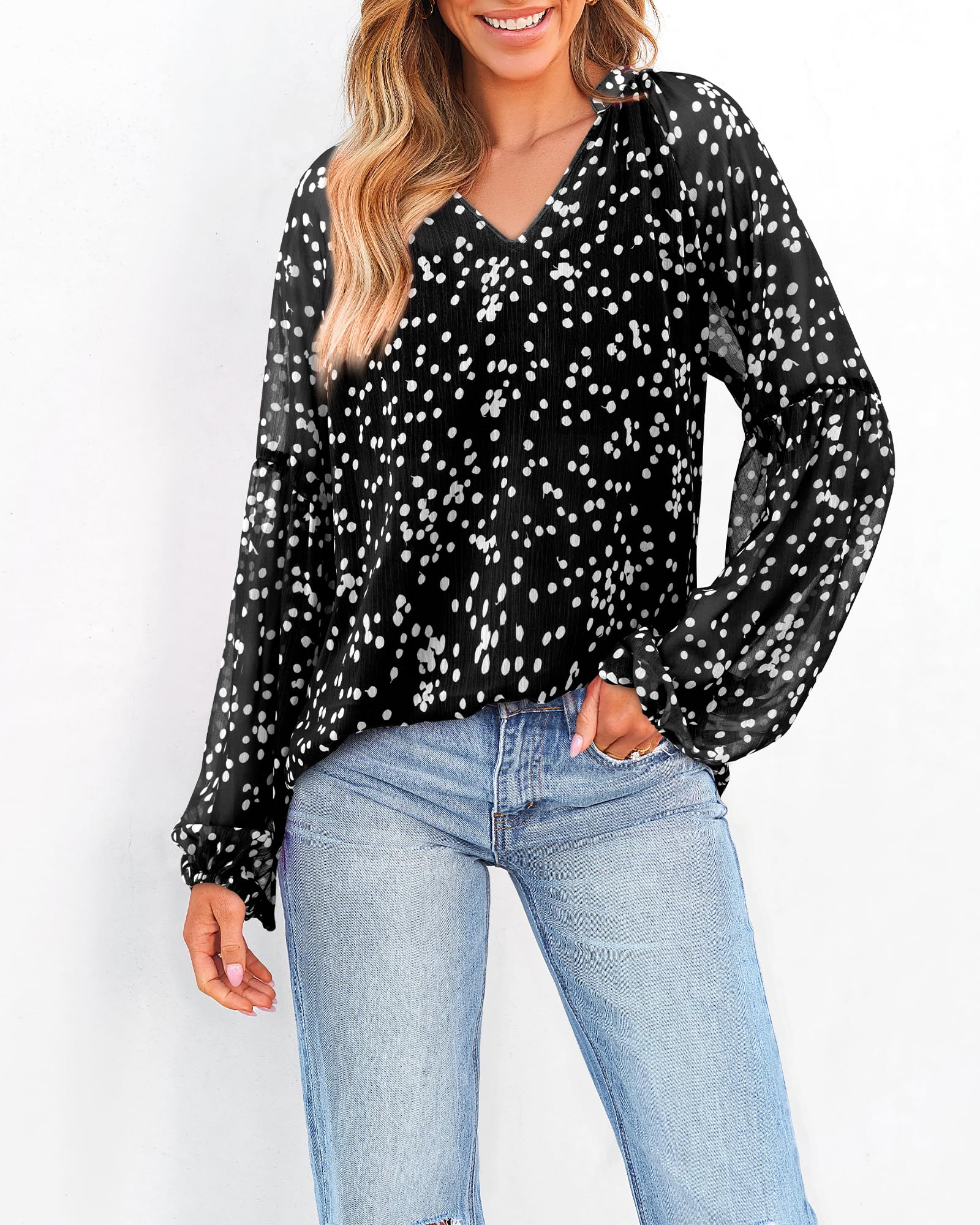 BTFBM Blouses for Women Dressy Casual Floral Summer Boho Tops V Neck Lightweight Long Sleeve Shirts Spring Clothes