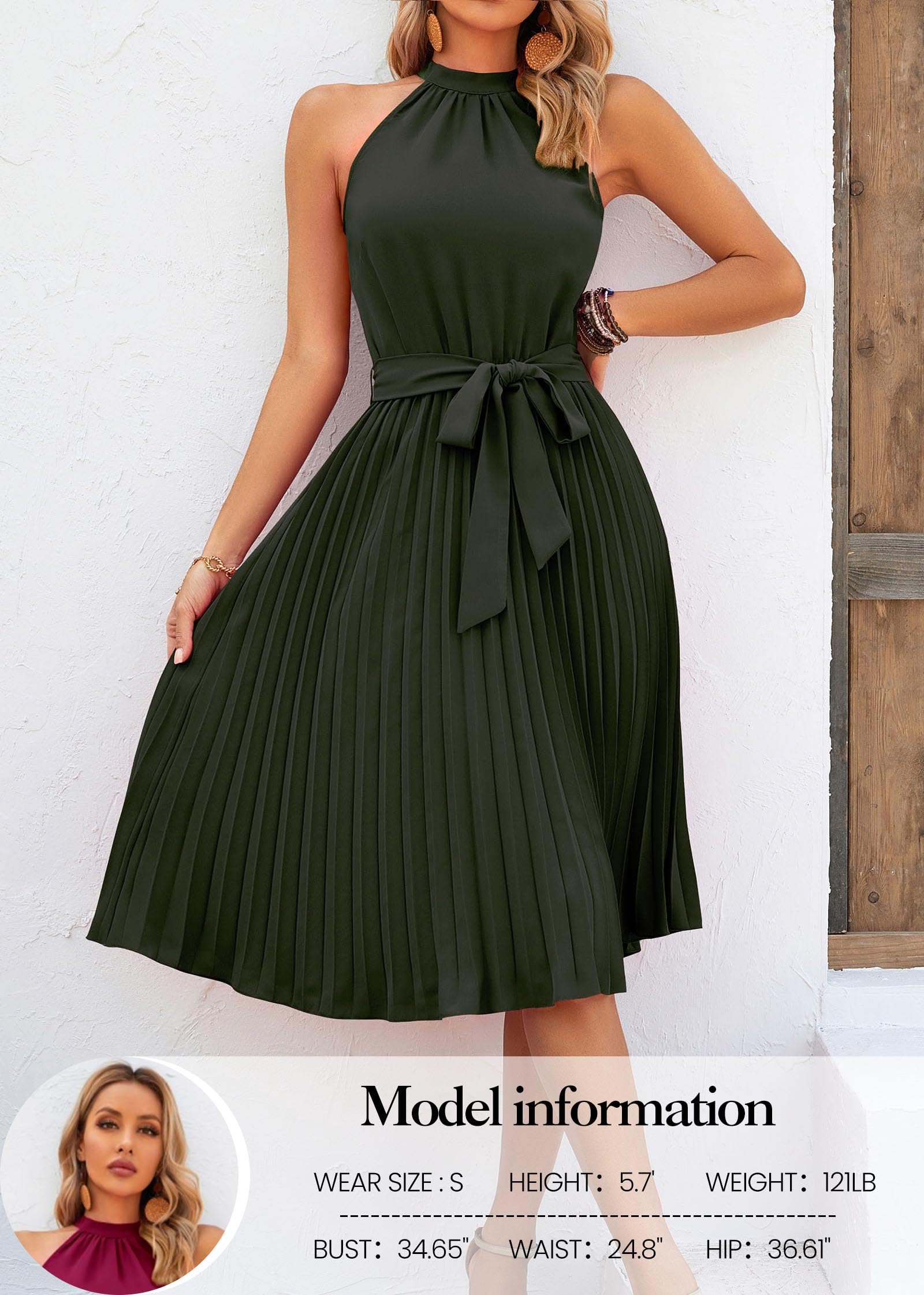 FreshPretty Women's Summer Sleeveless Halter Neck Pleated Midi Cocktail Dresses A Line Flowy Beach Sun Dress with Belt