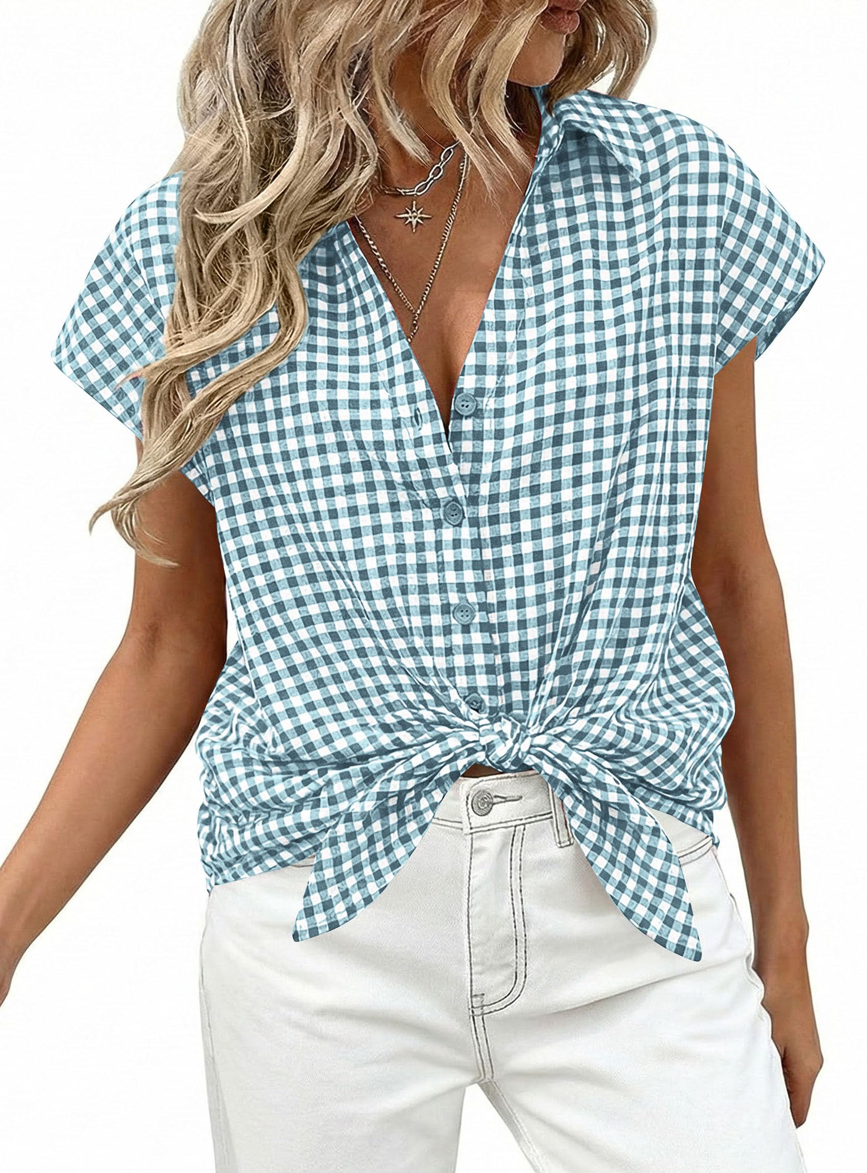 PRETTYGARDEN Womens Short Sleeve Shirts Plaid Button Down Blouse Dressy Casual Summer Spring Business Gingham Work Tops