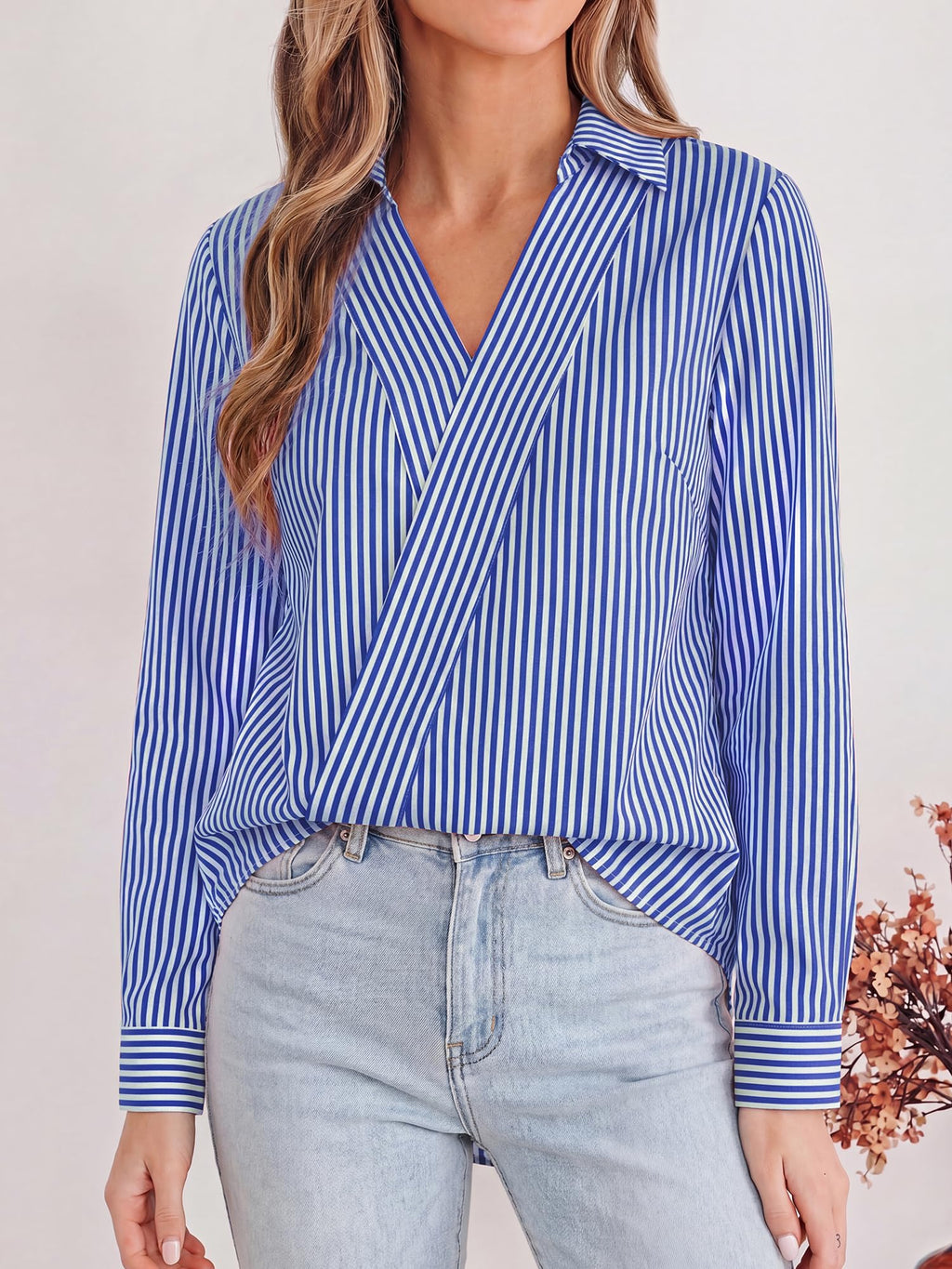 FreshPretty Striped Fall Outfits V Neck Dressy Women Tops Cute Clothes,Trendy Womens T Shirts,Long Sleeve Working Collar Business Casual Fashion Clothing For Office Work Women's Blouses