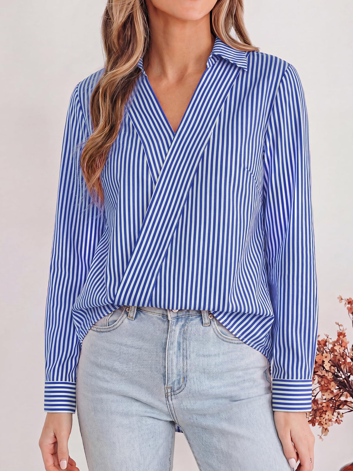 FreshPretty Striped Fall Outfits V Neck Dressy Women Tops Cute Clothes,Trendy Womens T Shirts,Long Sleeve Working Collar Business Casual Fashion Clothing For Office Work Women's Blouses
