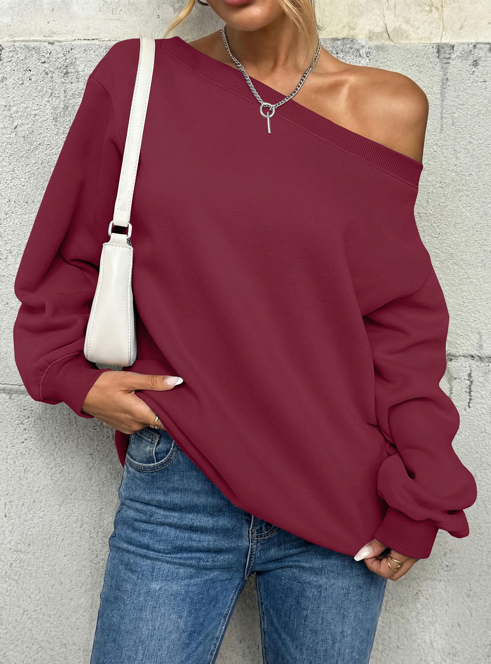 PRETTYGARDEN Womens Off The Shoulder Sweatshirt Loose Fit Slouchy Long Sleeve Tops,Fleece Cropped Sweatshirts,Oversized Pullover,Casual Daily Street Y2K Outfits,Fall Winter Clothes