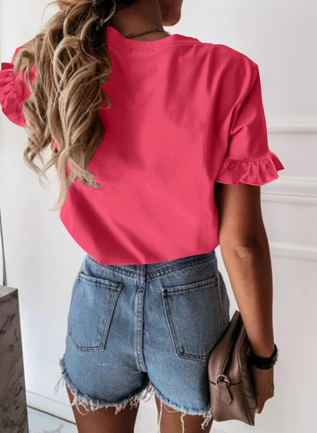 PRETTYGARDEN Women's Short Sleeve Casual T Shirts Summer Ruffle Plain Round Neck Loose Fit Tee Blouse Tops