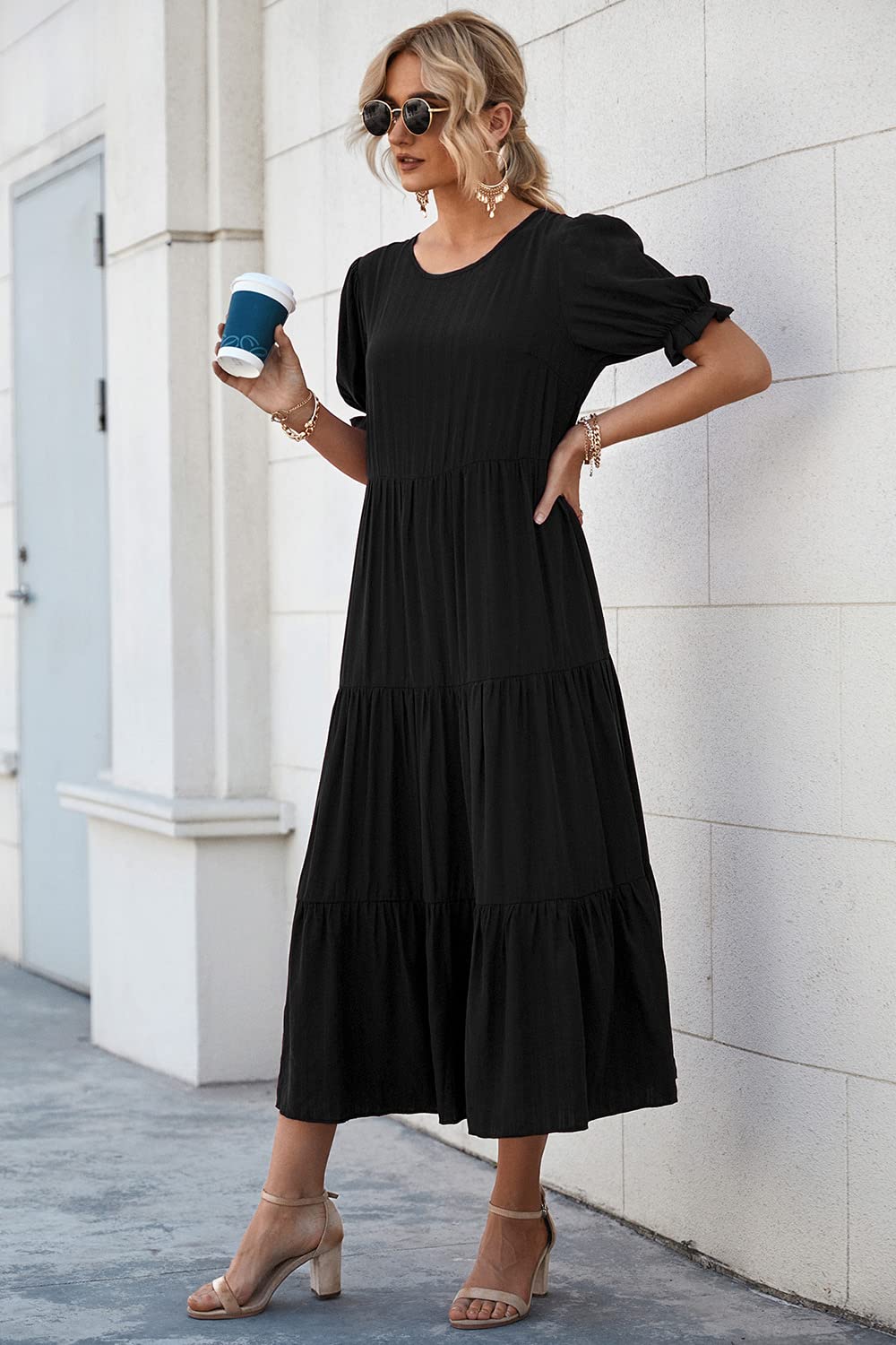 PRETTYGARDEN Summer Dresses for Women Casual Floral Boho Midi Sun Dress Puff Short Sleeve Flowy Beach Vacation Sundress