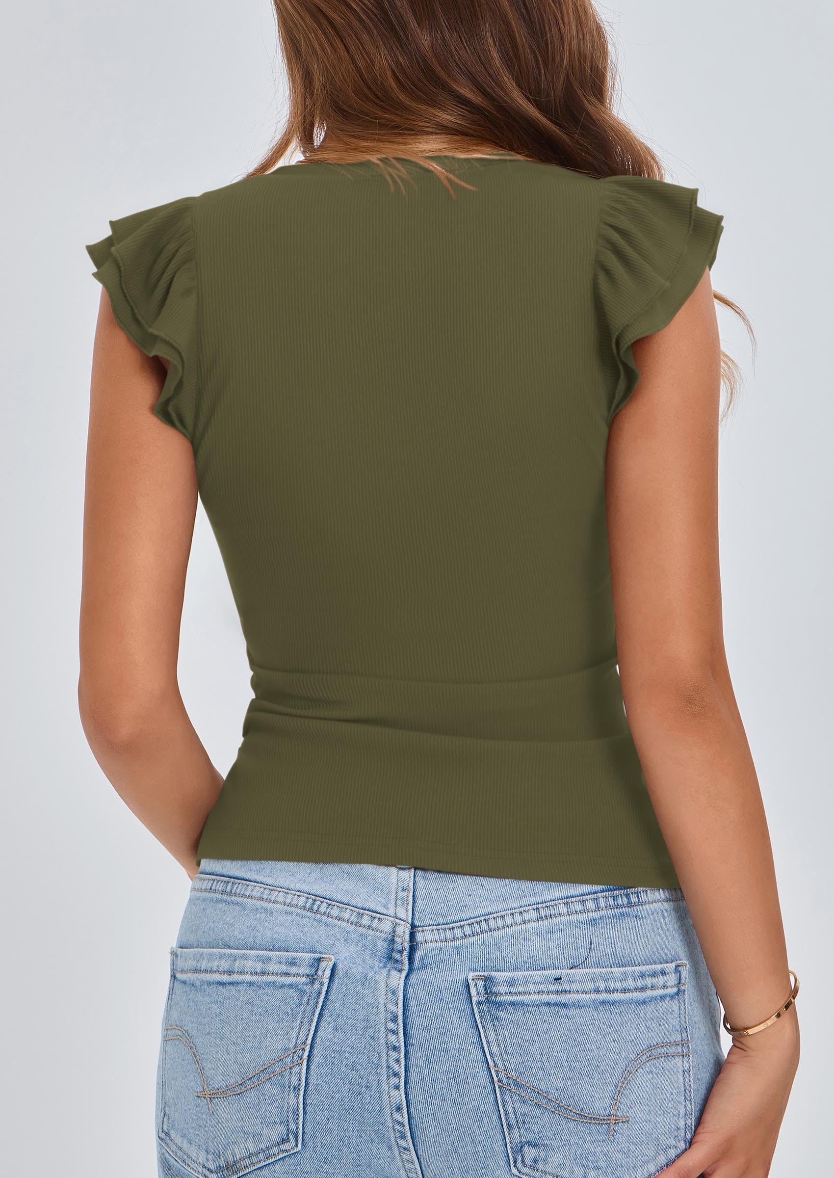 PRETTYGARDEN Womens V Neck Summer Tops Ruffle Sleeveless Slim Fit T Shirts Going Out Casual Blouses