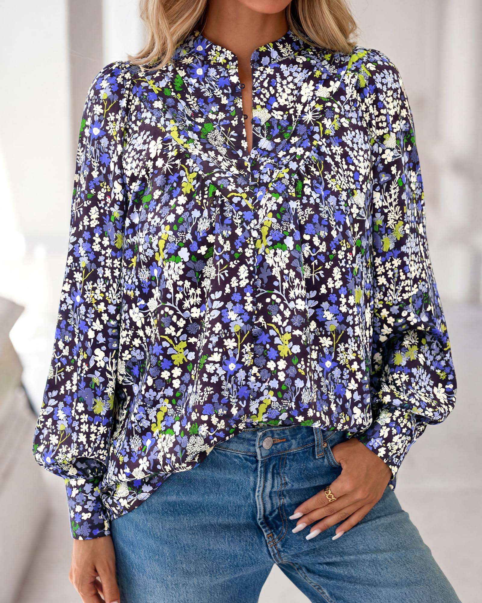BTFBM Womens Tops Dressy Casual Spring Boho Floral V Neck Long Sleeve Half Button Down Shirt Work Business Blouses