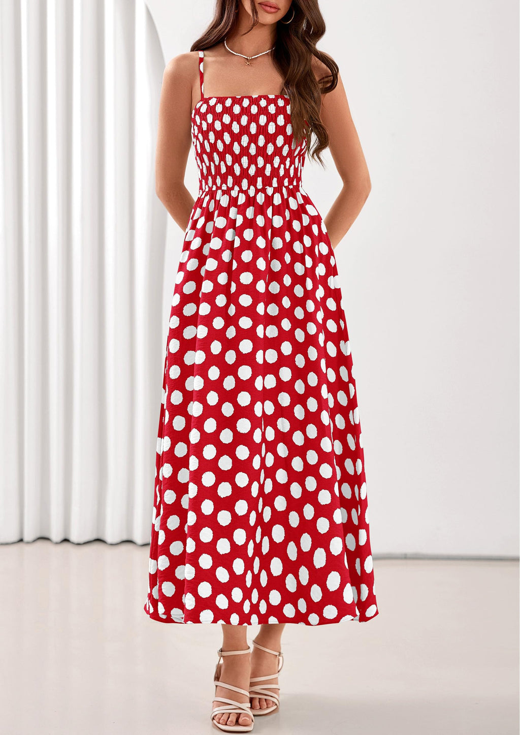 PRETTYGARDEN Womens Polka Dot Dress Summer Sleeveless Spaghetti Straps Smocked Sun Dress Flowy Spring Beach Midi Dresses
