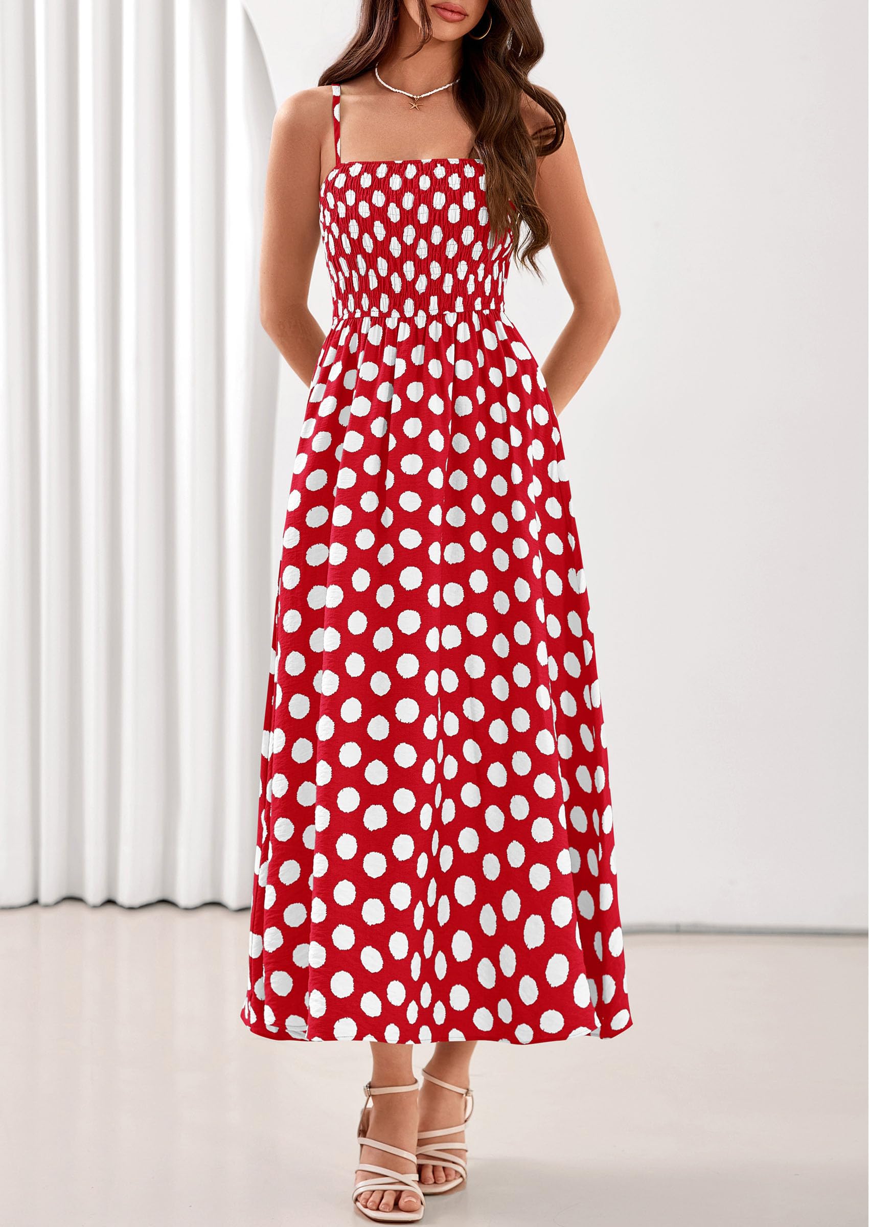 PRETTYGARDEN Womens Polka Dot Dress Summer Sleeveless Spaghetti Straps Smocked Sun Dress Flowy Spring Beach Midi Dresses