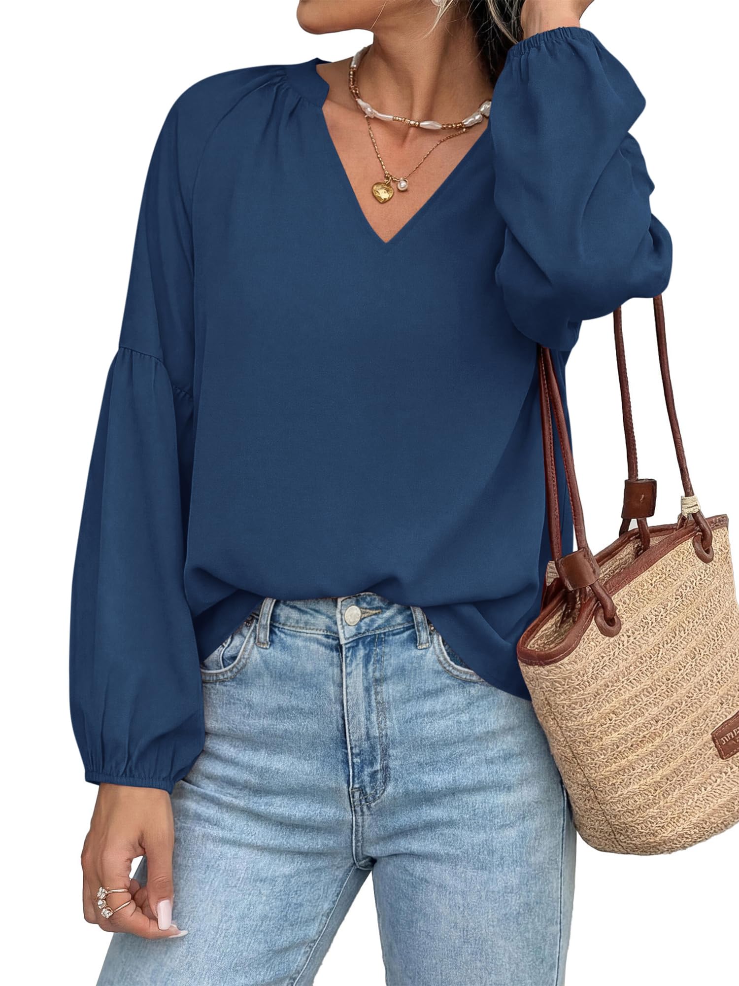 BTFBM Blouses for Women Dressy Casual Floral Summer Boho Tops V Neck Lightweight Long Sleeve Shirts Spring Clothes
