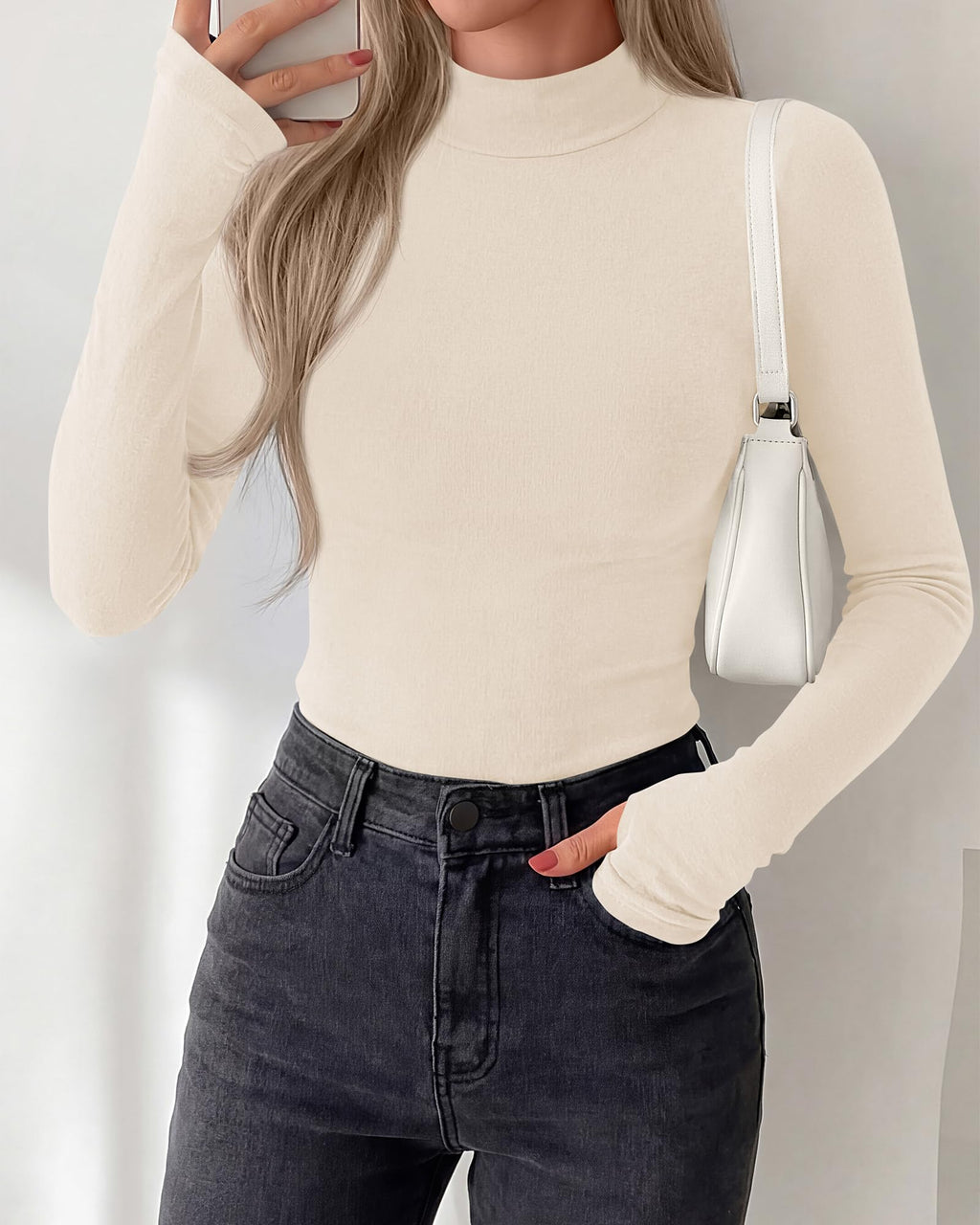 BTFBM Turtleneck Tops for Women Thumbhole Long Sleeve Shirts | Lightweight Fleece Lining, Casual Basic Layering Top, Slim Fit Stretch Winter Thermal Underwear, Fall Fashion Clothing