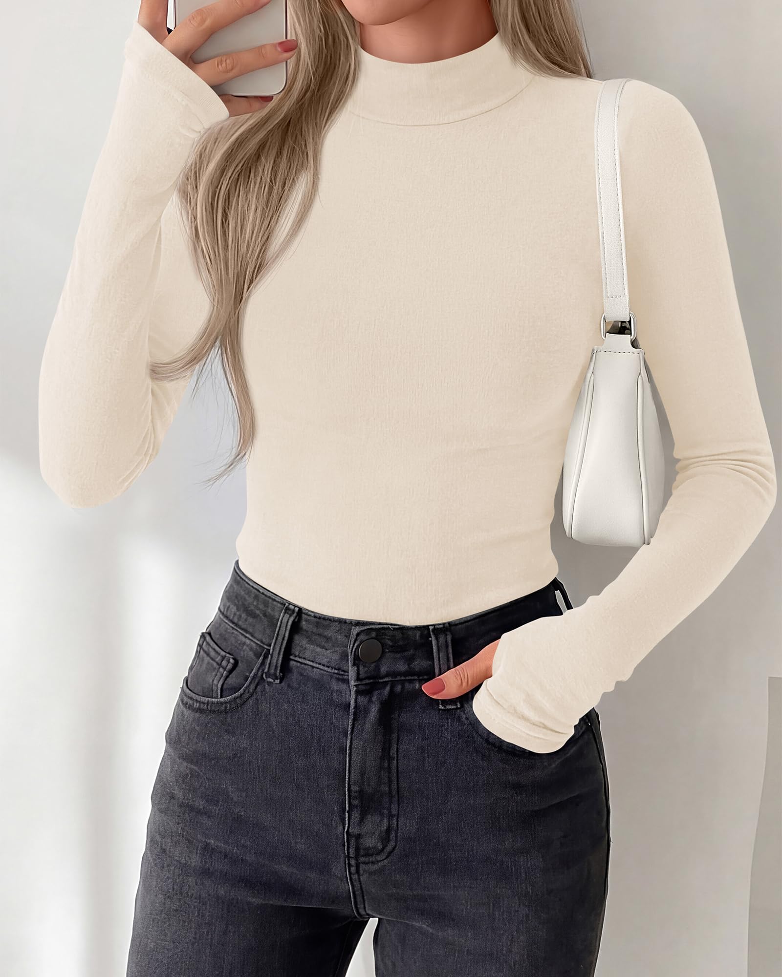 BTFBM Turtleneck Tops for Women Thumbhole Long Sleeve Shirts | Lightweight Fleece Lining, Casual Basic Layering Top, Slim Fit Stretch Winter Thermal Underwear, Fall Fashion Clothing