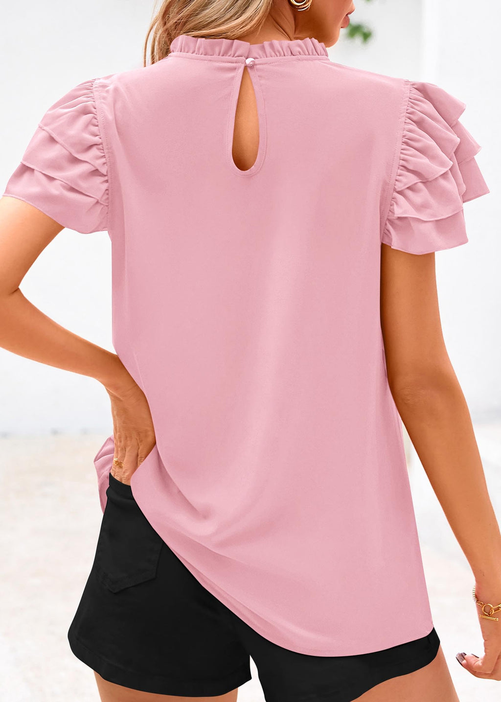 FreshPretty Blouses for Women Dressy Casual Spring Summer Ruffle Short Sleeve Mock Neck Work Shirts Tops Fashion Clothing
