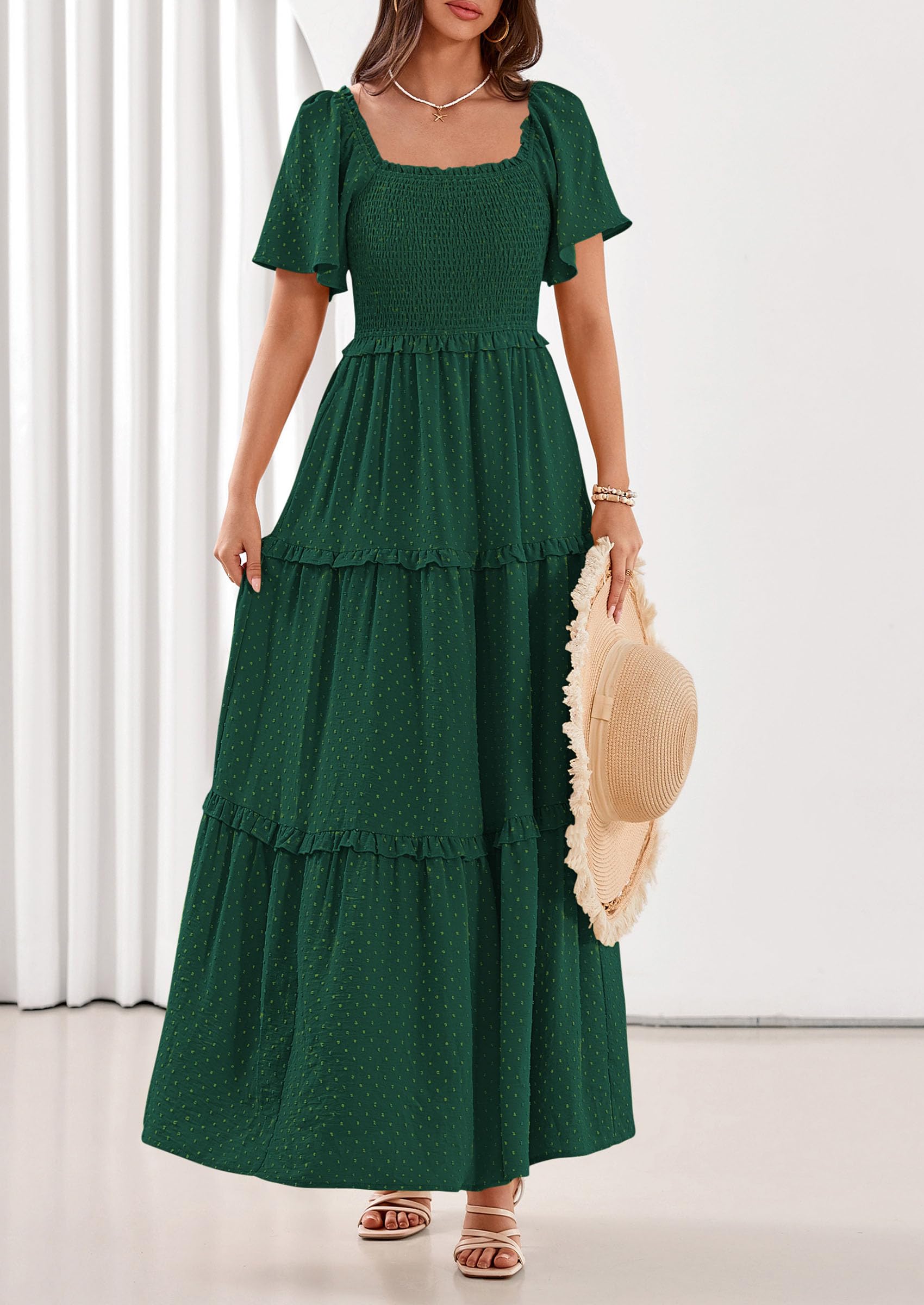 PRETTYGARDEN Summer Dresses for Women Boho Swiss Dot Smocked Square Neck Short Sleeve Spring Wedding Guest Maxi Dress