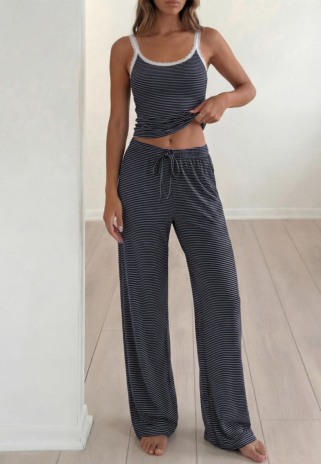 BTFBM Lounge Sets For Women Striped 2 Piece Pajama Sets Spaghetti Strap Tops Wide Leg Pants Beach Vacation Outfits