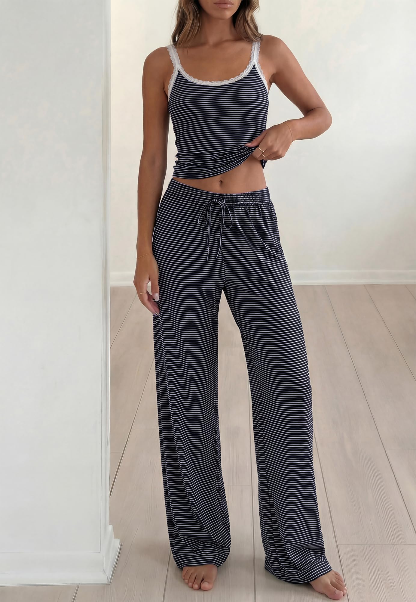 BTFBM Lounge Sets For Women Striped 2 Piece Pajama Sets Spaghetti Strap Tops Wide Leg Pants Beach Vacation Outfits