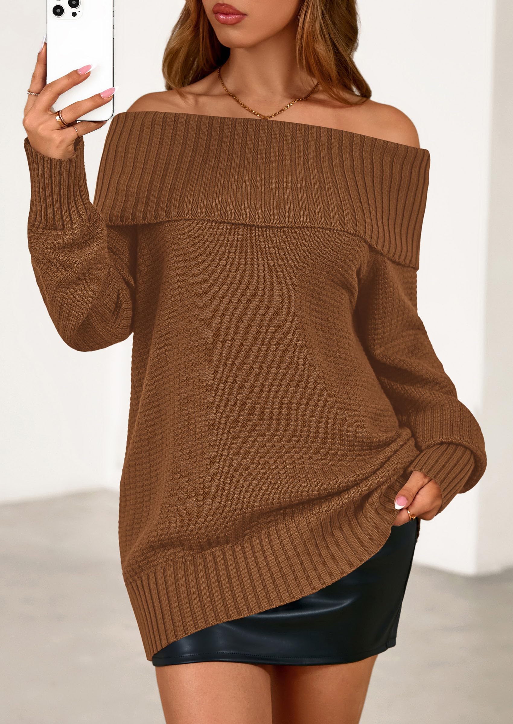 PRETTYGARDEN Womens Off The Shoulder Sweater Long Sleeve Tops Loose Knit Pullover Sweaters Fashion Fall Clothes