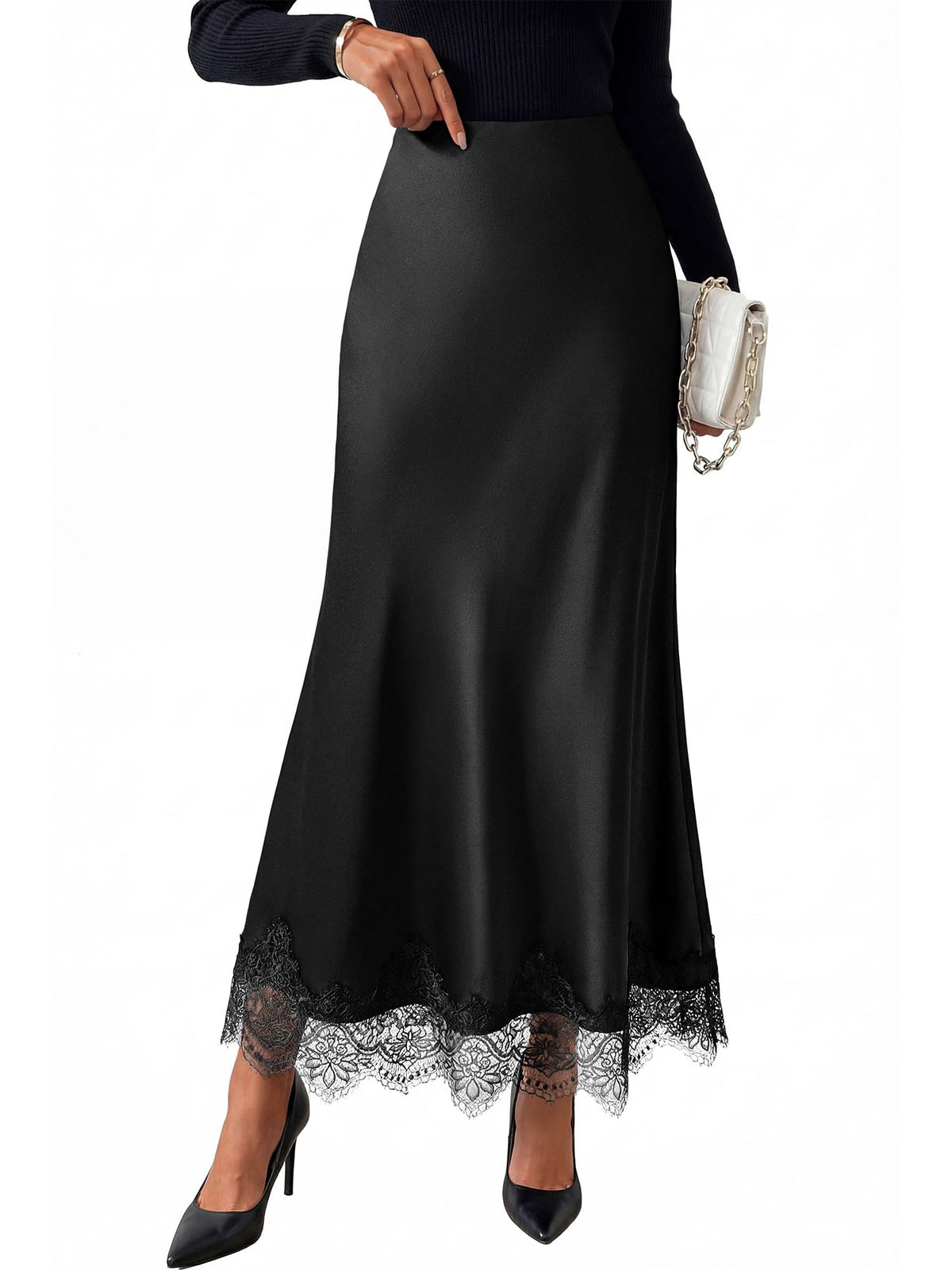 BTFBM Lace Trim Satin Skirts for Women Elegant | Lightweight, High Waist, A-Line, Flowy Maxi Skirt, Wedding, Cocktail, Graduation, Holiday Outfits, Fall Fashion Clothing
