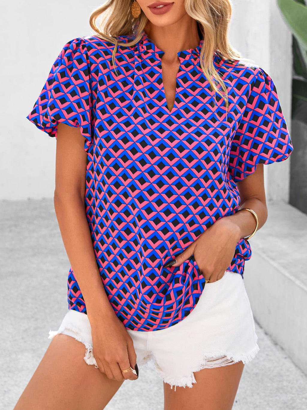 PRETTYGARDEN Boho Short Sleeve Floral Work Blouses for Women Dressy Casual V Neck Puff Sleeve Loose Chiffon Flowy Tops Shirts