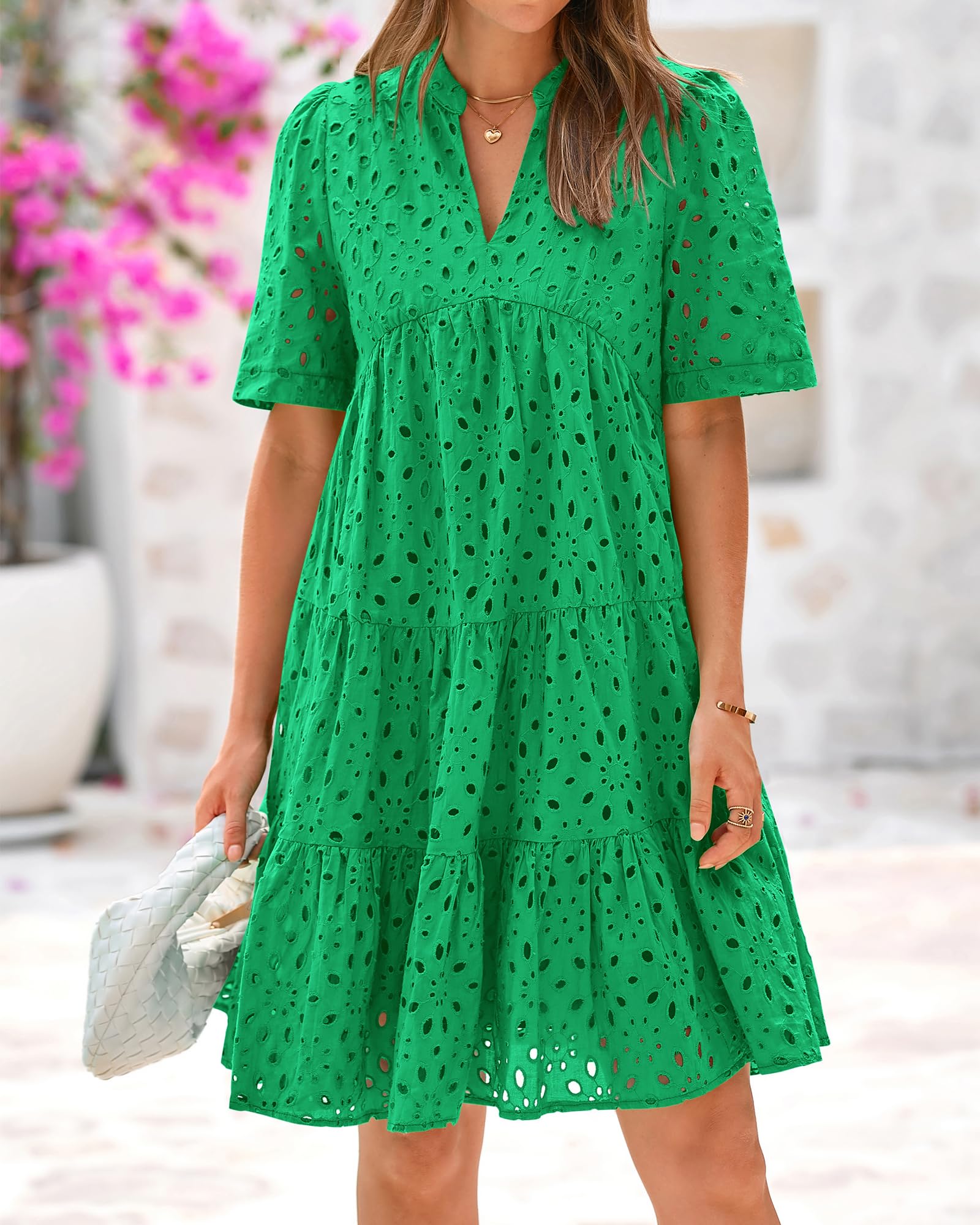 BTFBM Womens Boho Summer Dresses Spring V Neck Short Sleeve Hollow Out Lace Ruffle Casual Beach Mini Vacation Dress