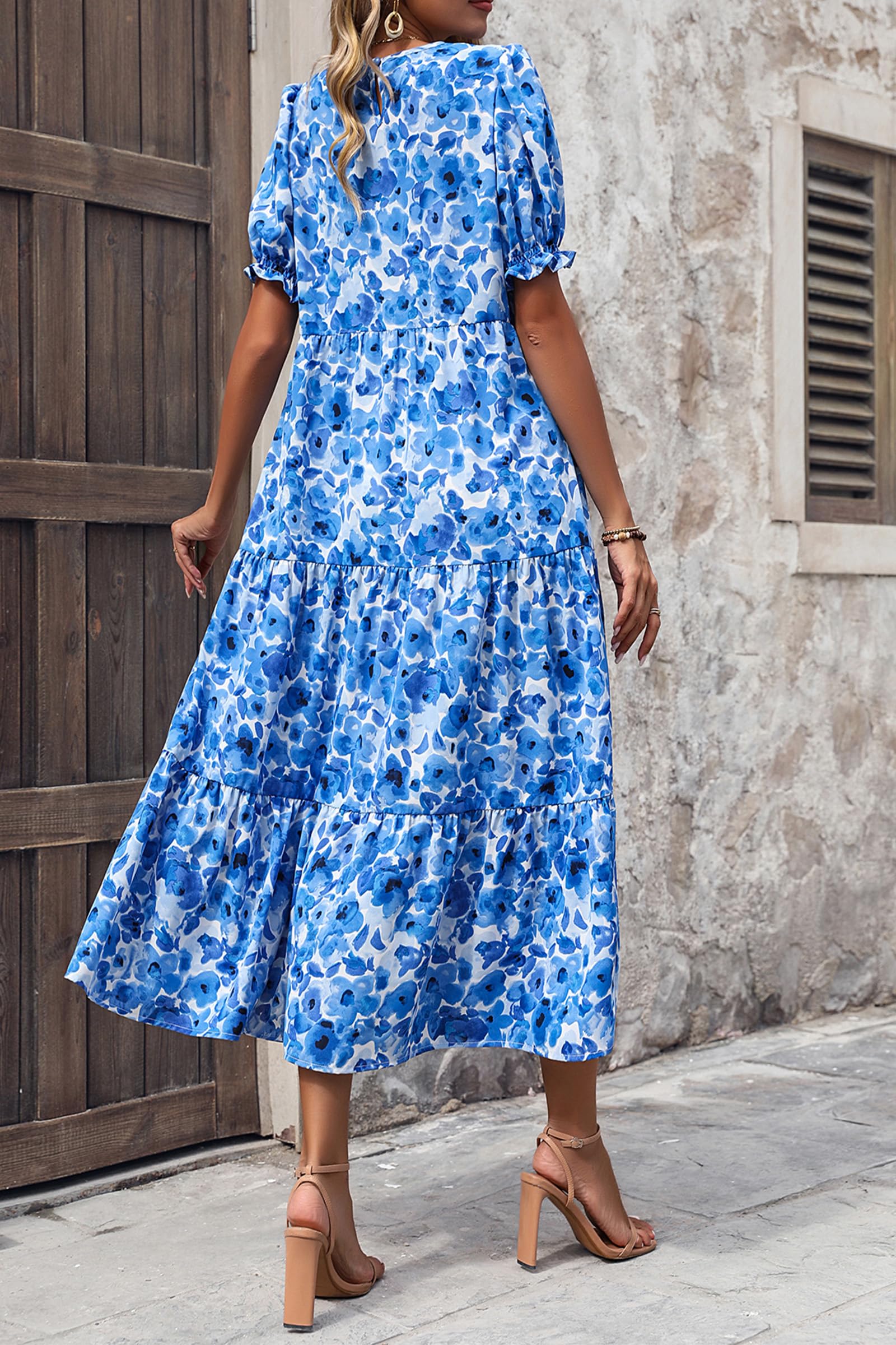 PRETTYGARDEN Summer Dresses for Women Casual Floral Boho Midi Sun Dress Puff Short Sleeve Flowy Beach Vacation Sundress