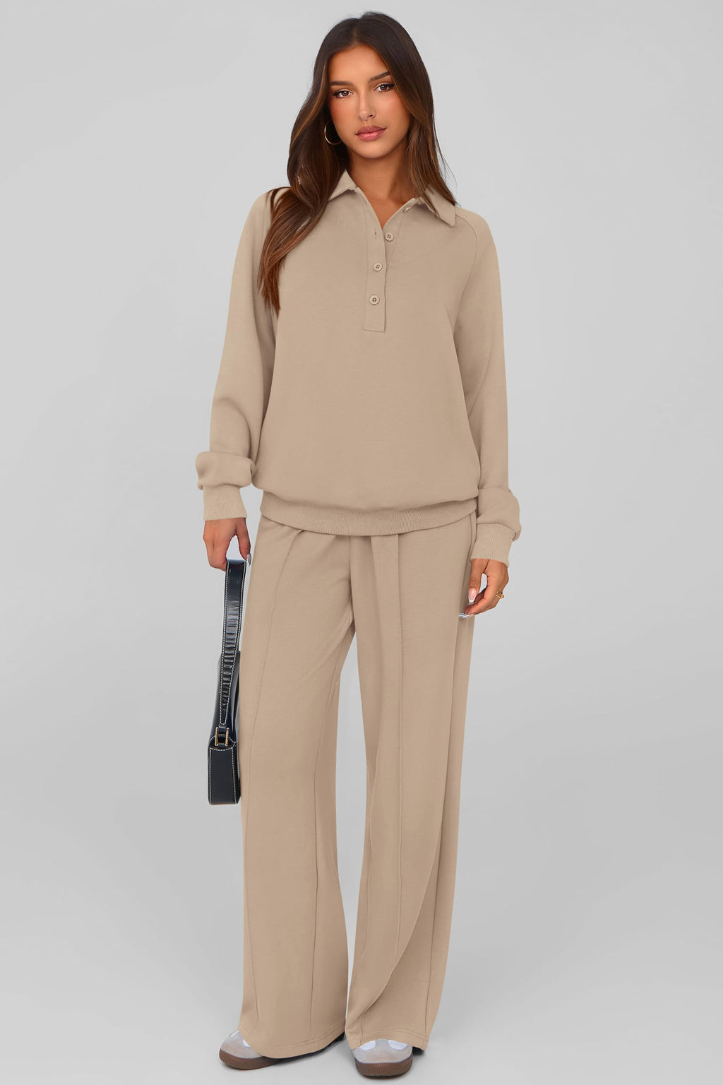 PRETTYGARDEN Women Fall 2 Piece Outfits Sweatsuits Lounge Sets Quarter Button Long Sleeve Sweatshirt, Wide Leg Sweat Pants, Casual 2 Piece Sets Tracksuit, Airport Travel Outfits for Women