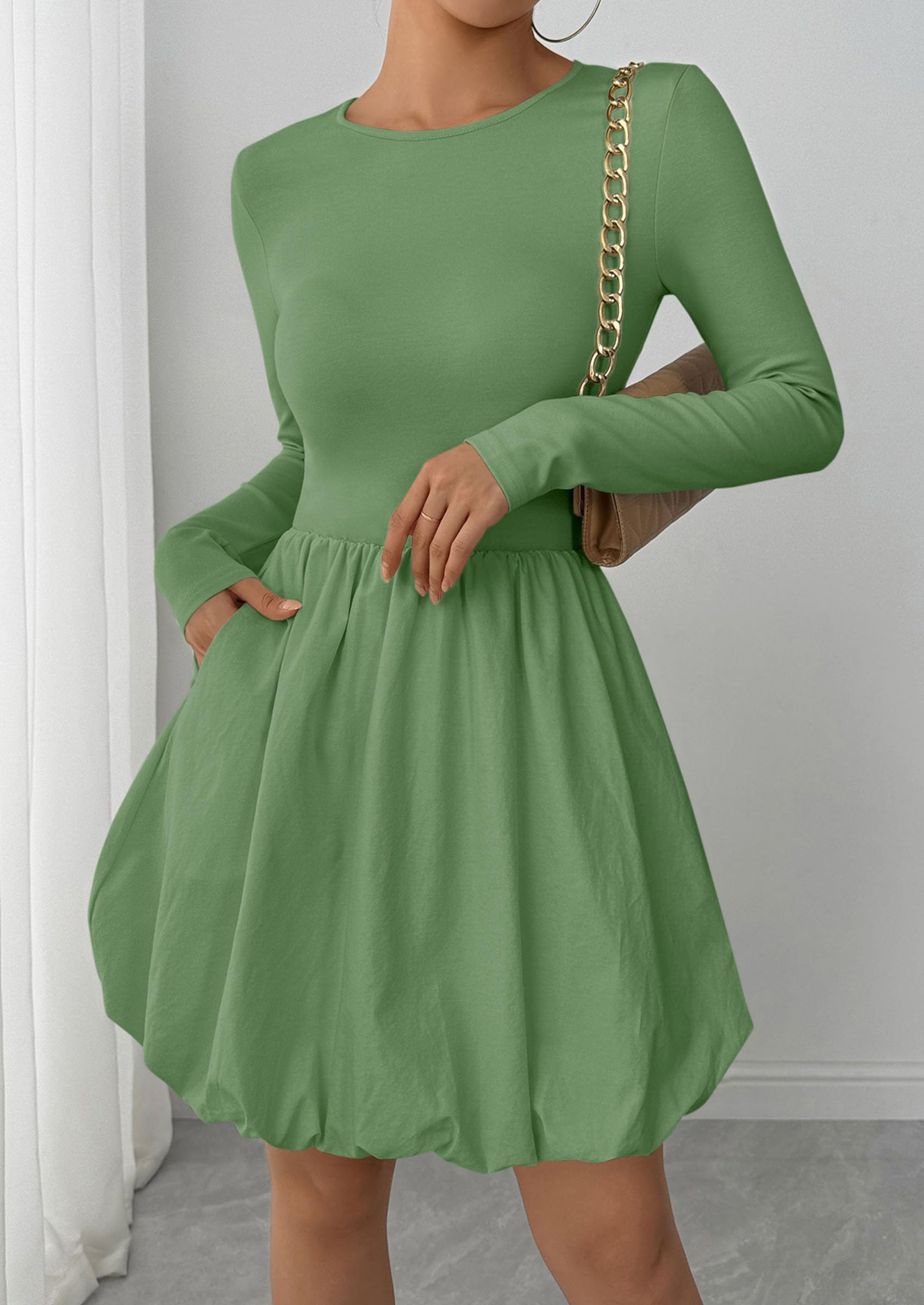 PRETTYGARDEN Fall Dresses for Women Casual Long Sleeve Bubble Cute Crew Neck A Line Mini Short Dress with Pockets