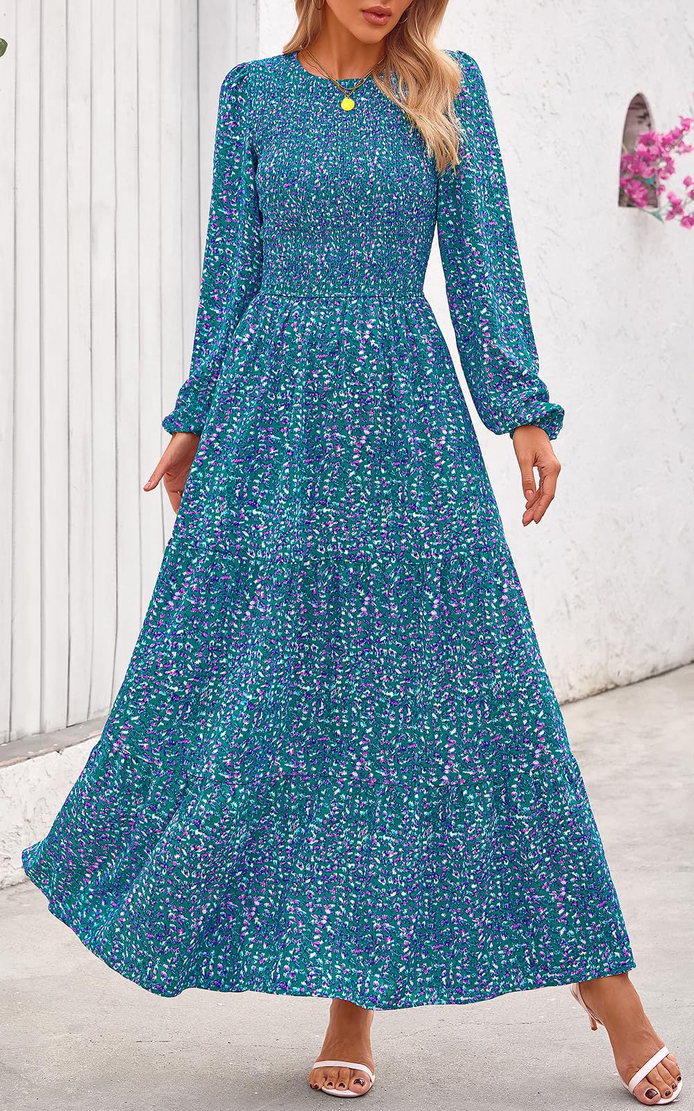 PRETTYGARDEN Women's Fall Dresses Long Sleeve Flowy Casual Floral Maxi Dress Crew Neck Smocked Tiered Long Dress