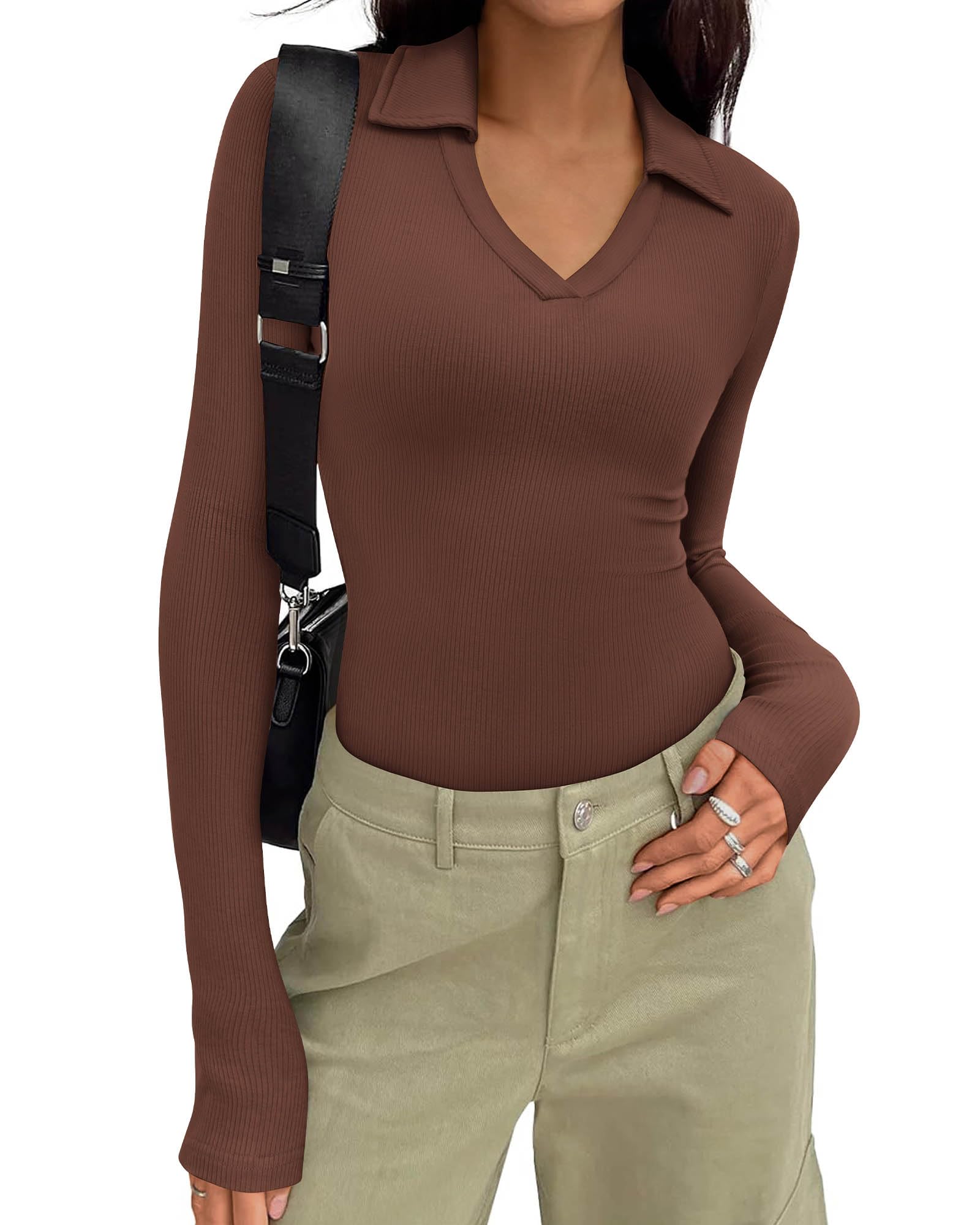 FreshPretty Polo Shirts for Women Long Sleeve Business Casual Tops Spring Fall Ribbed Knit Collared V Neck Slim Work Blouses