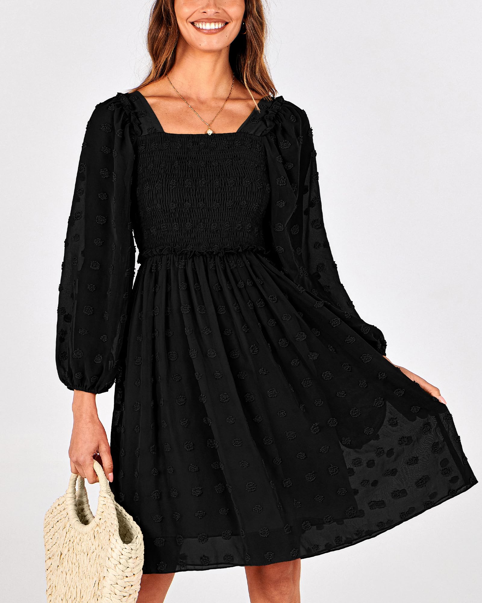 BTFBM Womens Long Sleeve Dress Summer Vacation Square Neck Smocked Floral Mini Boho Spring Wedding Guest Dresses