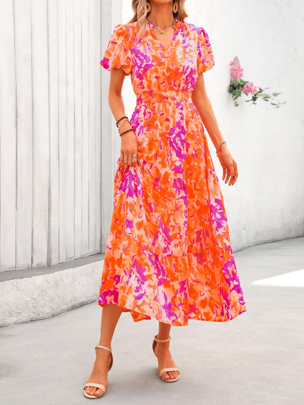 PRETTYGARDEN Summer Maxi Dresses for Women  Casual V Neck Puff Short Sleeve Smocked Flowy Beach Boho Long Floral Dress
