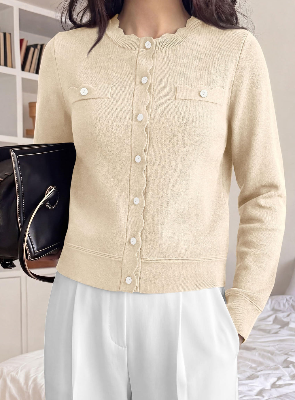 PRETTYGARDEN Cardigan Sweaters for Women Scalloped Button Up Fall Outfits Soft Knit Long Sleeve Knit Tops,Crew Neck,Business Casual Outfits,Office Work Lightweight Sweater,Layers Clothes