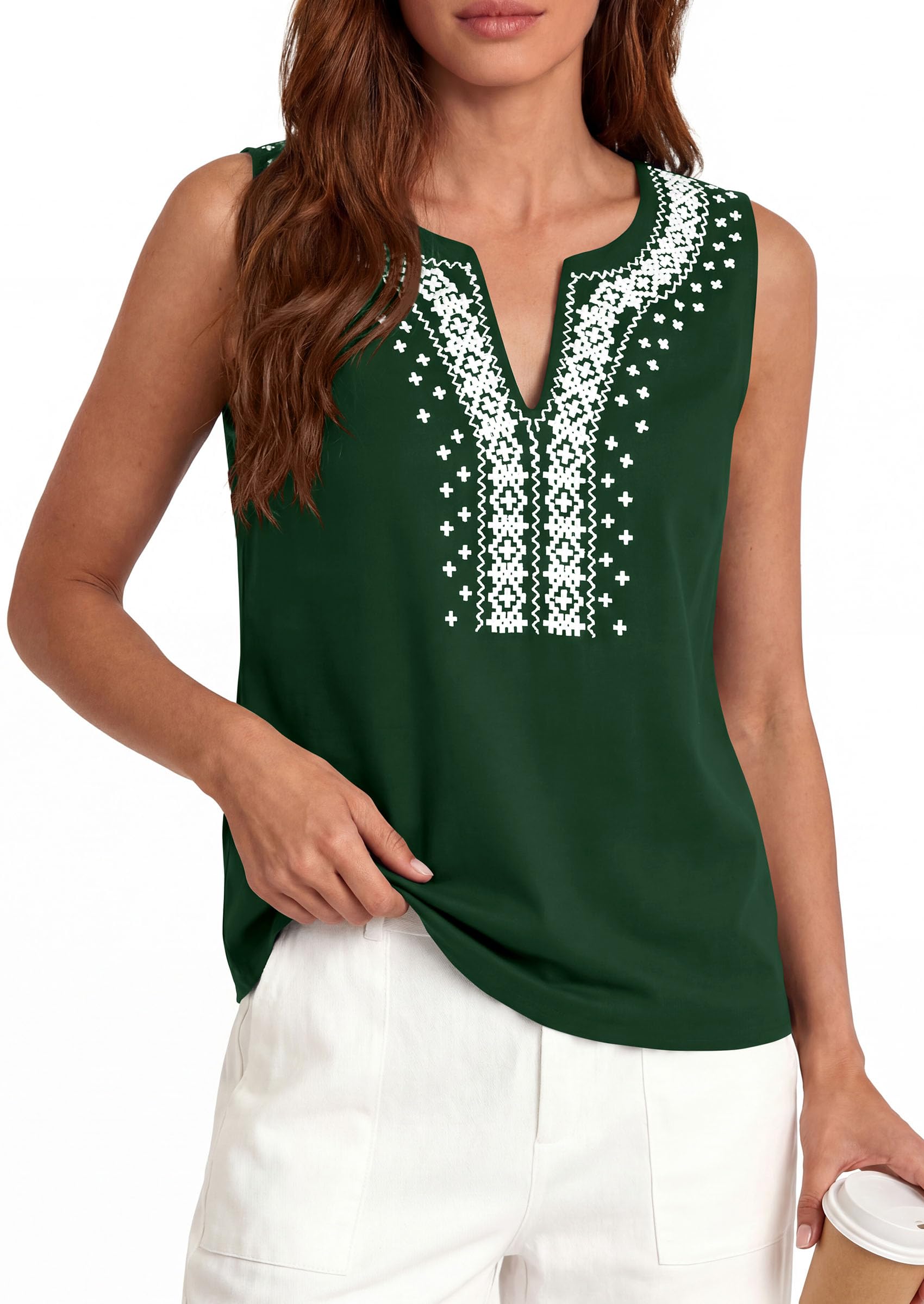PRETTYGARDEN Womens Tank Tops Summer Causal V Neck Sleeveless Shirts Floral Print Embroidered Beach Vacation Boho Top