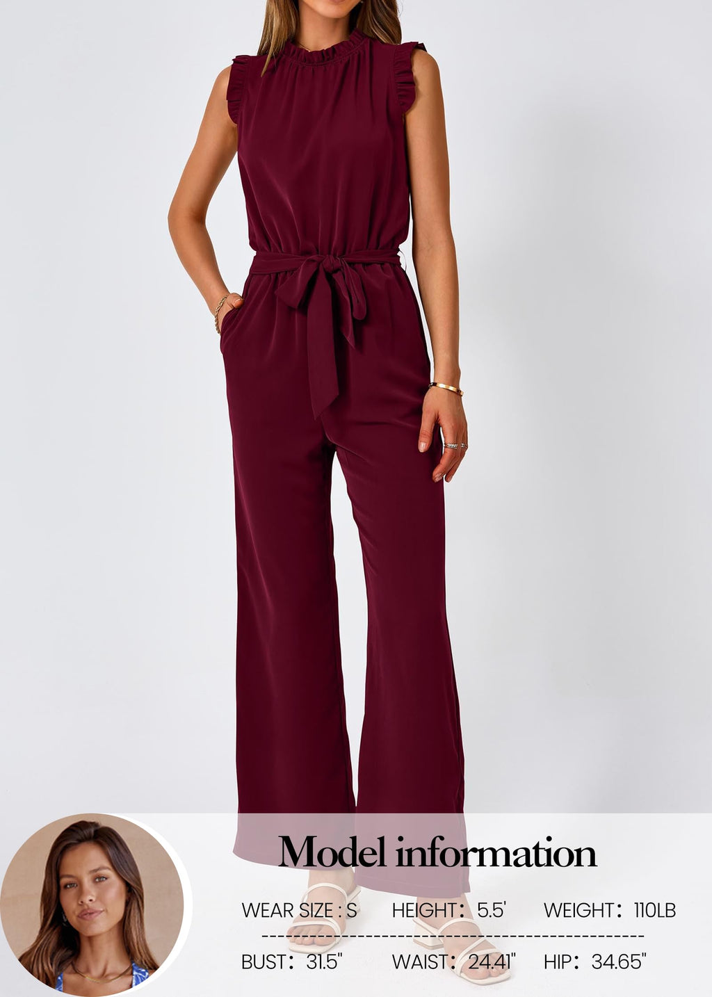 FreshPretty Jumpsuits For Women Dressy Summer One Piece Sleeveless Ruffle Mock Neck Belt Pockets Formal Wide Leg Pants Romper